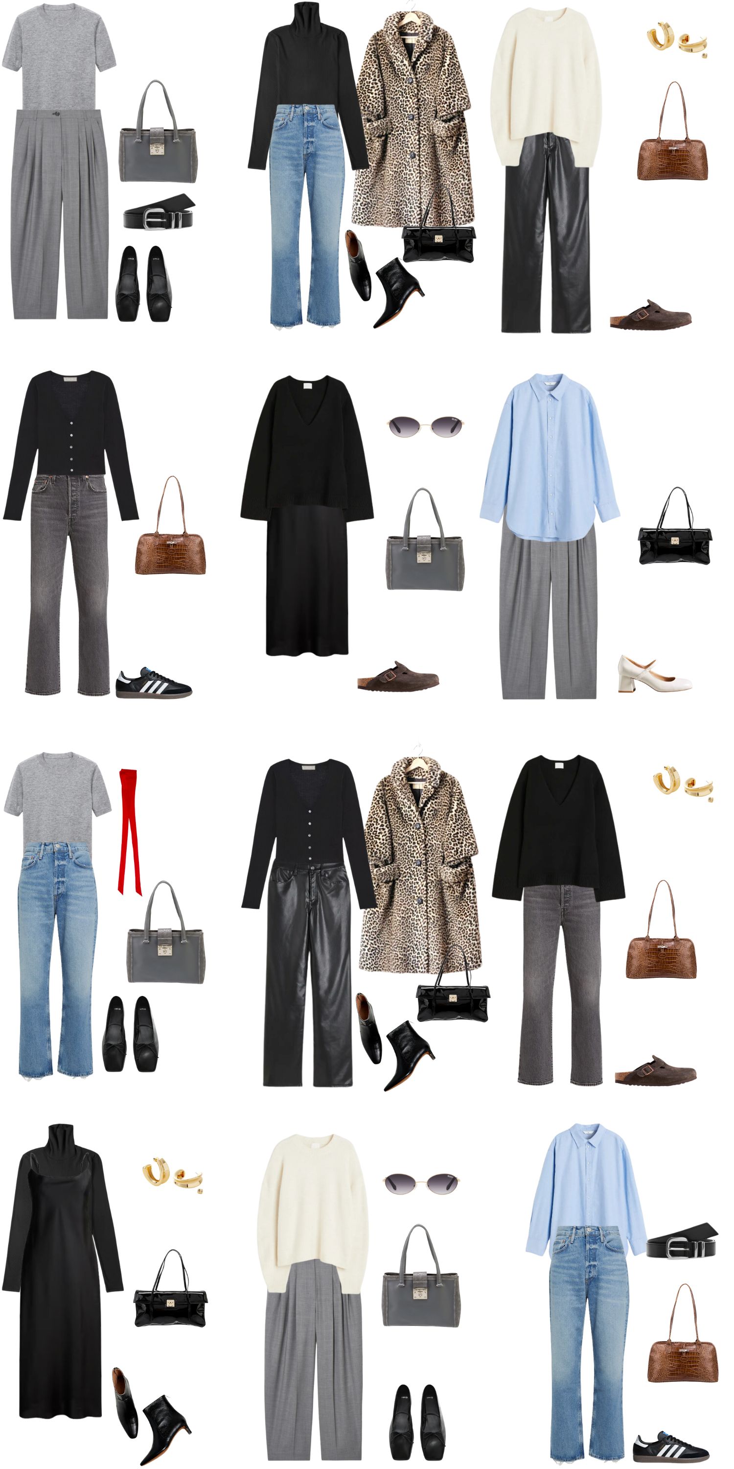A white background with 12 outfits for a 12 Piece 90s Minimalist Fall Capsule Wardrobe.