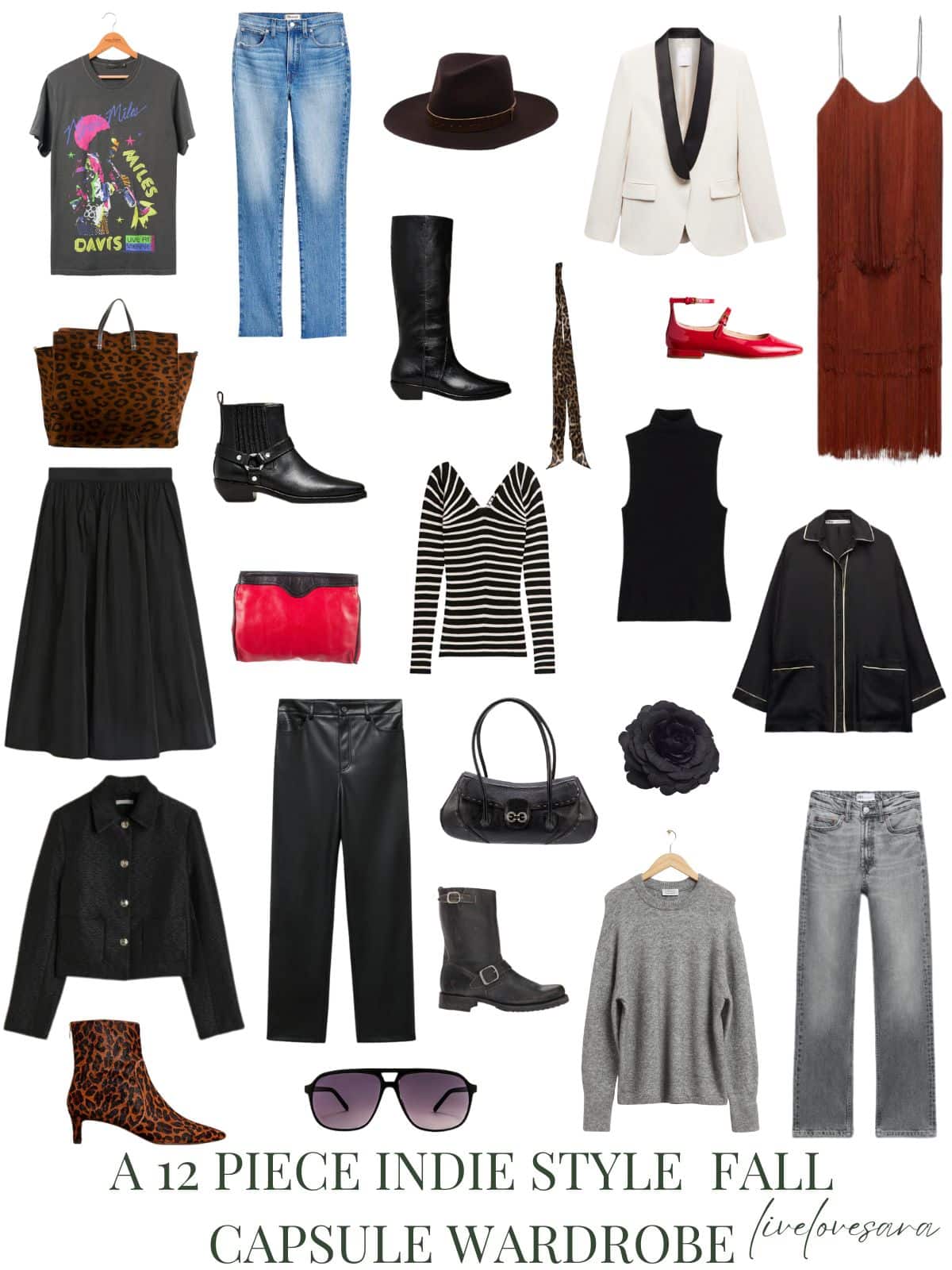 A white background with 12 outfits for a 12 Piece Indie Style Fall Capsule Wardrobe.