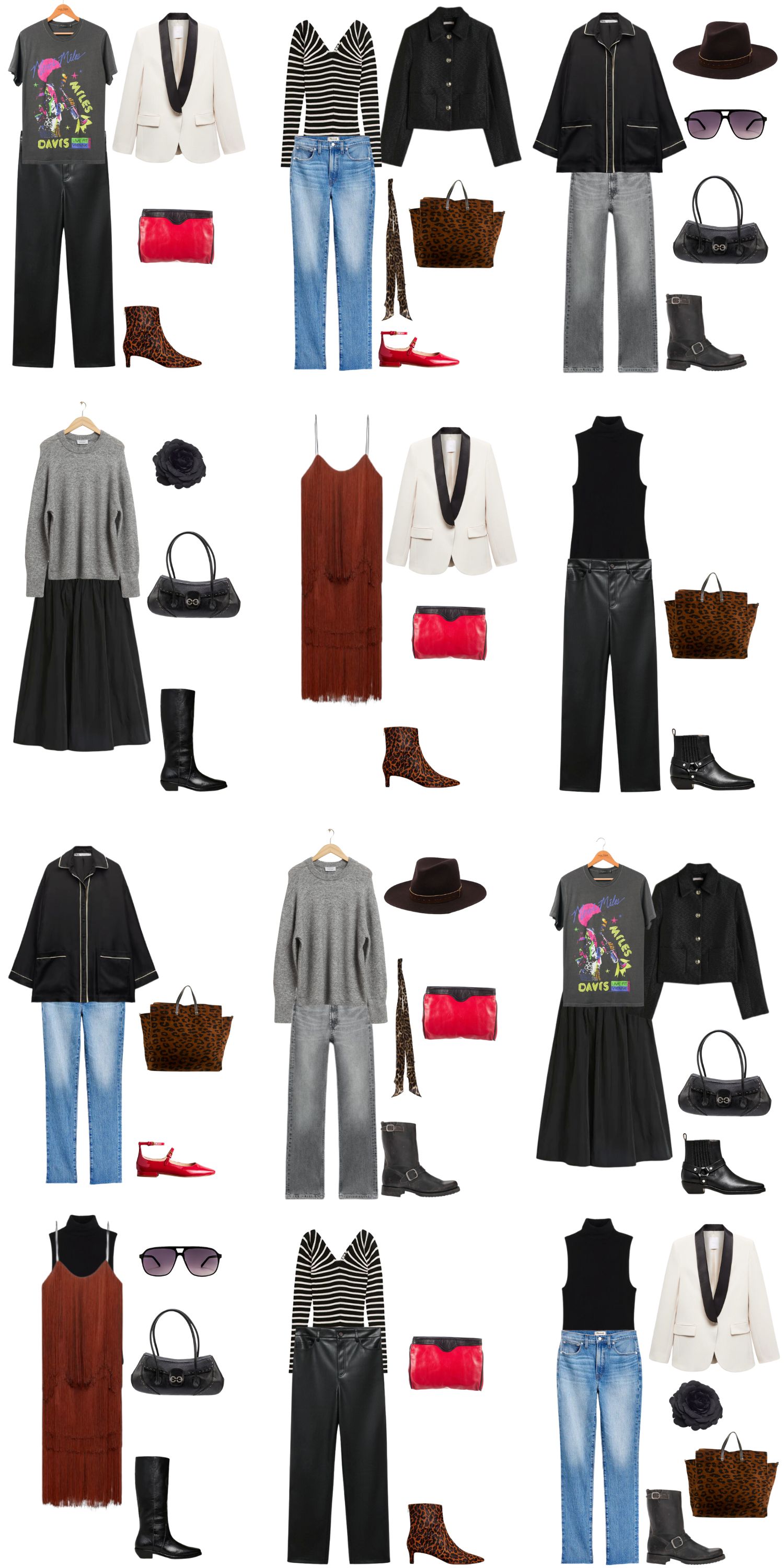 A white background with 12 outfits for a 12 Piece Indie Style Fall Capsule Wardrobe.