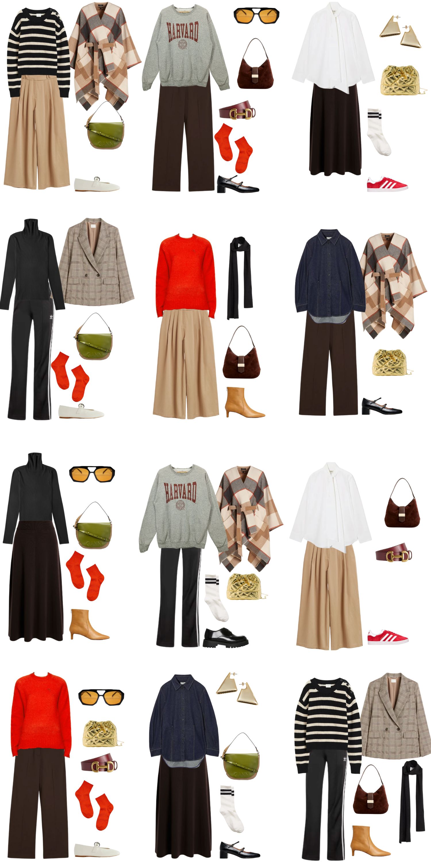 A white background with 12 outfits for a 12 Piece New Preppy Style Fall Capsule Wardrobe.