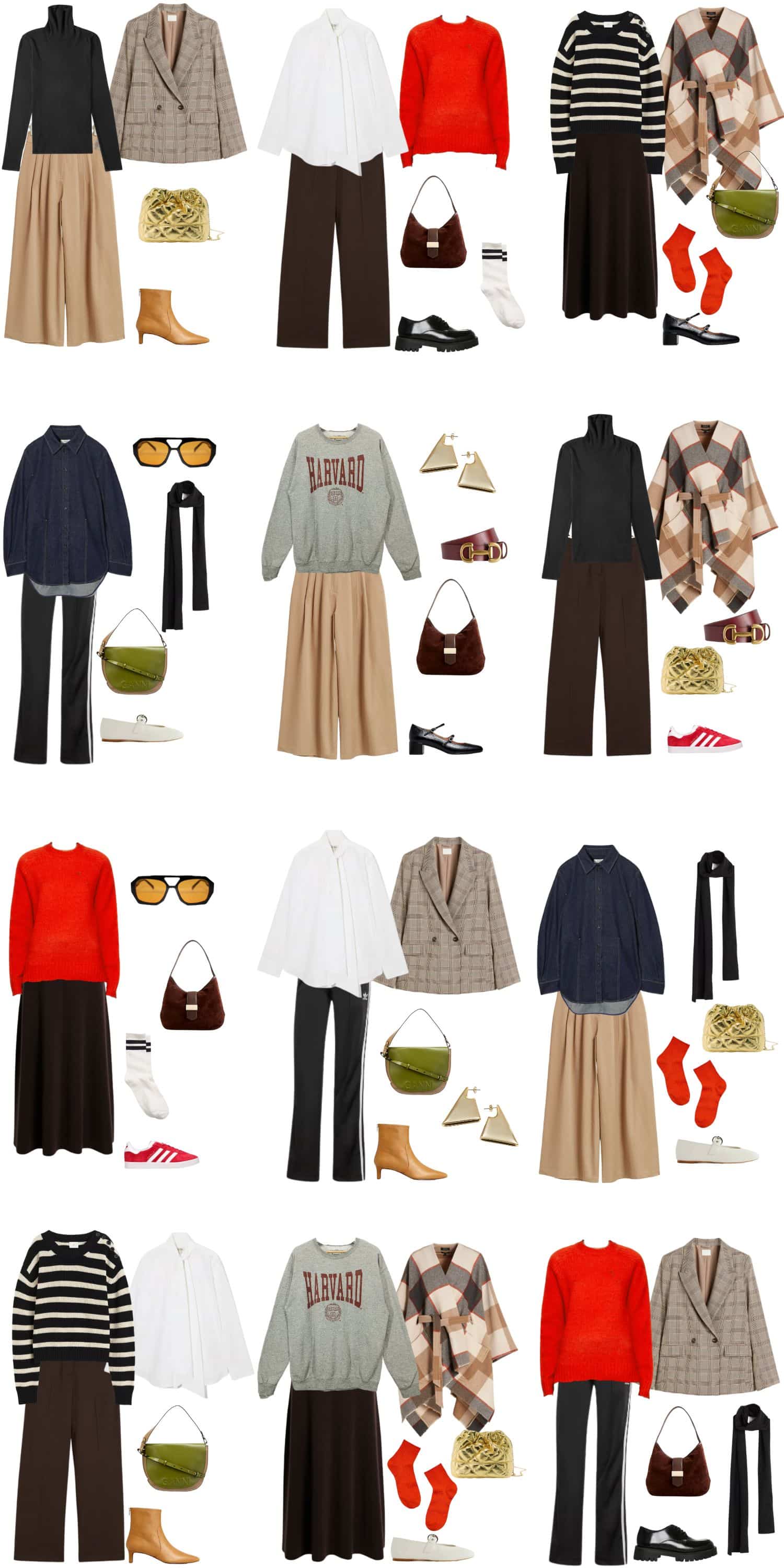 A white background with 12 outfits for a 12 Piece New Preppy Style Fall Capsule Wardrobe.
