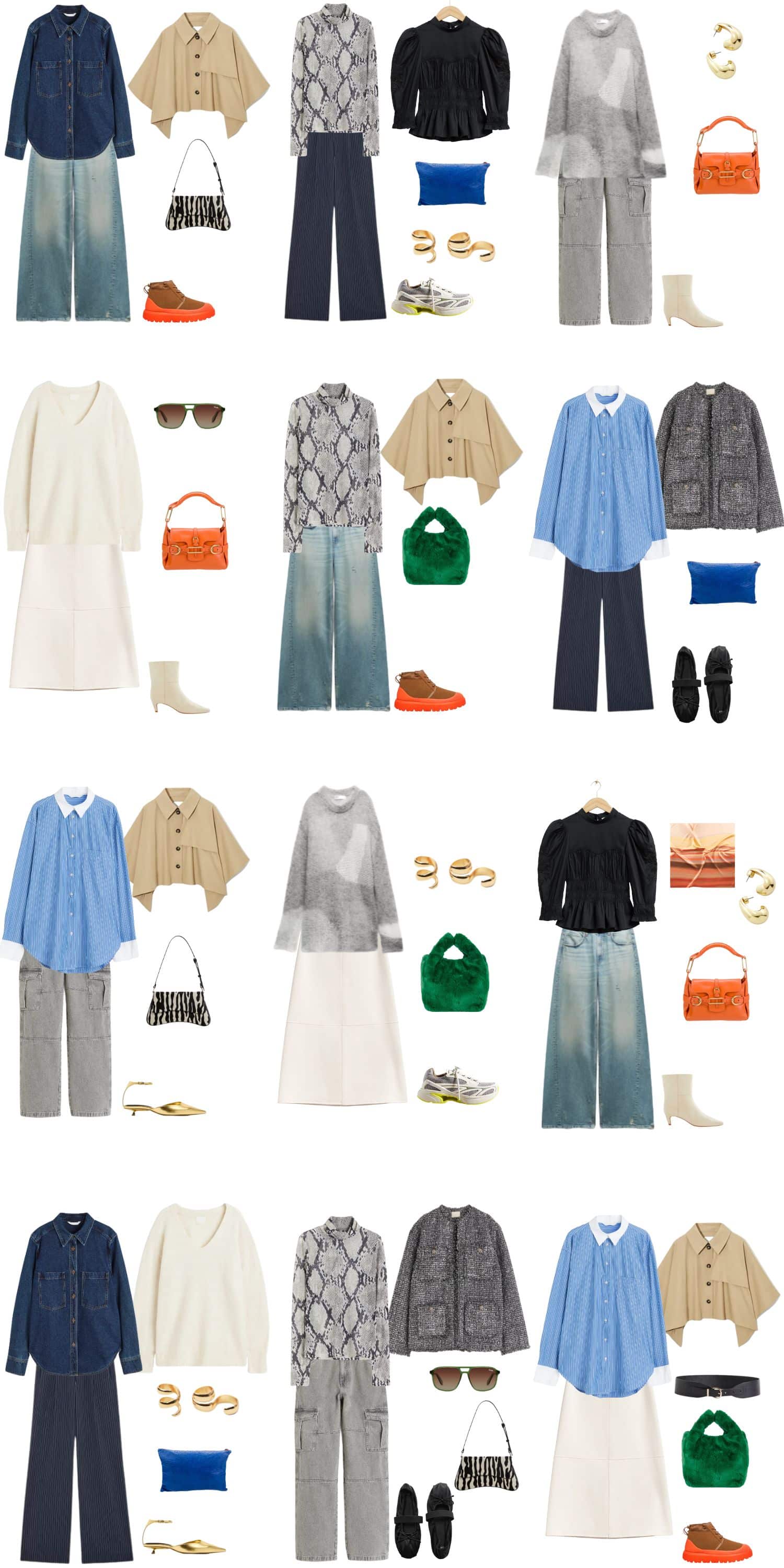 A white background with 12 outfits for a 12 Piece Scandinavian Street Style Fall Capsule Wardrobe.