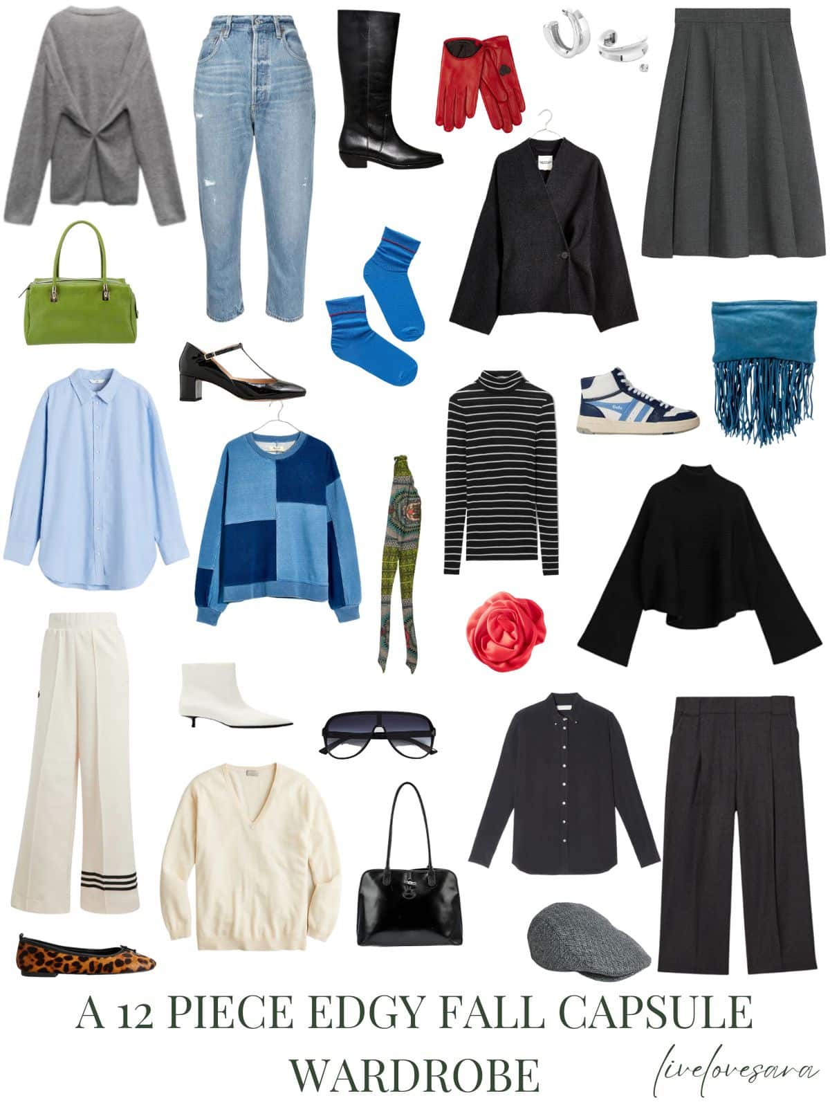 A white background with 12 outfits for a 12 Piece Edgy Fall Capsule Wardrobe.