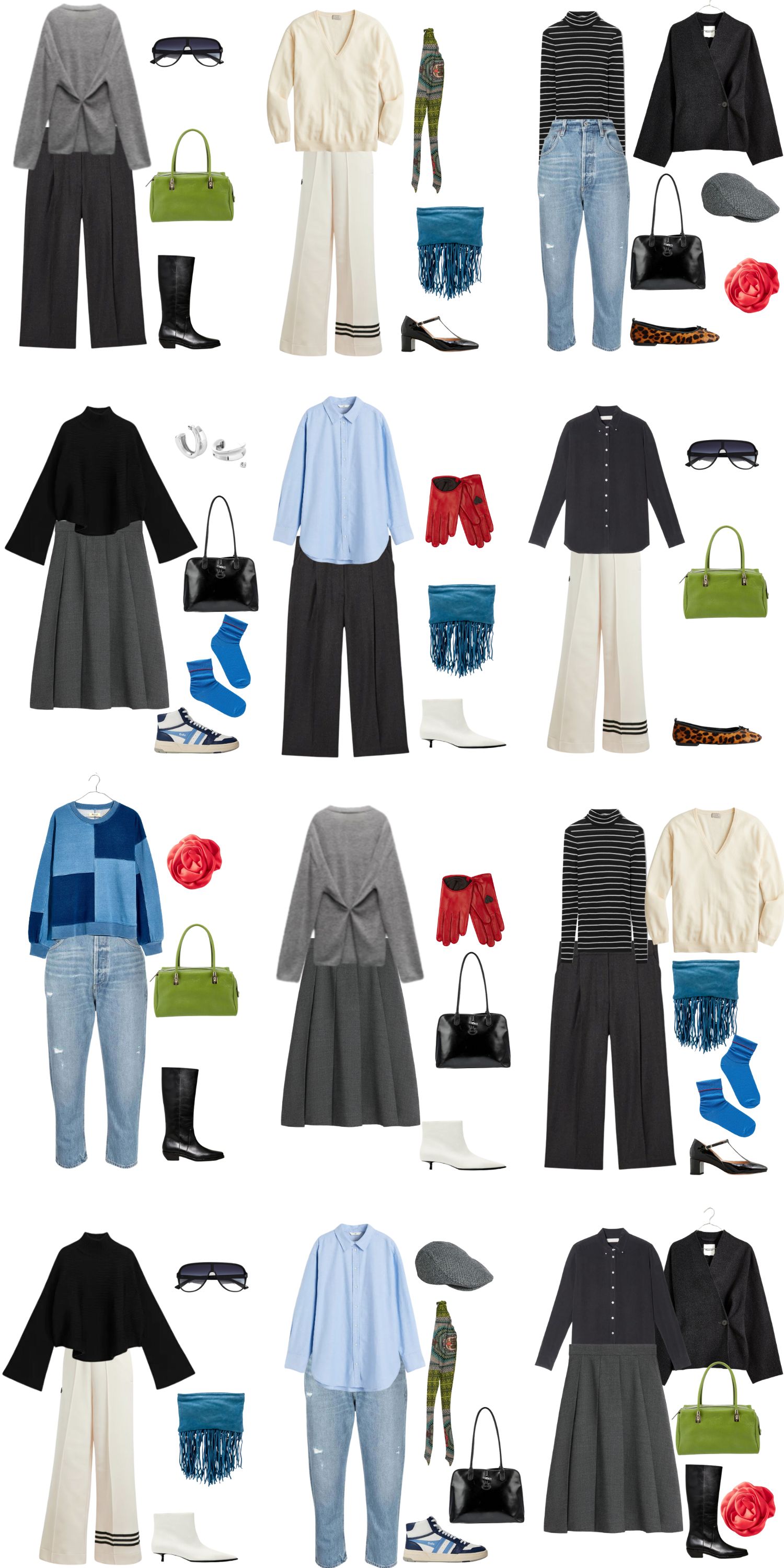 A white background with 12 outfits for a 12 Piece Edgy Fall Capsule Wardrobe.