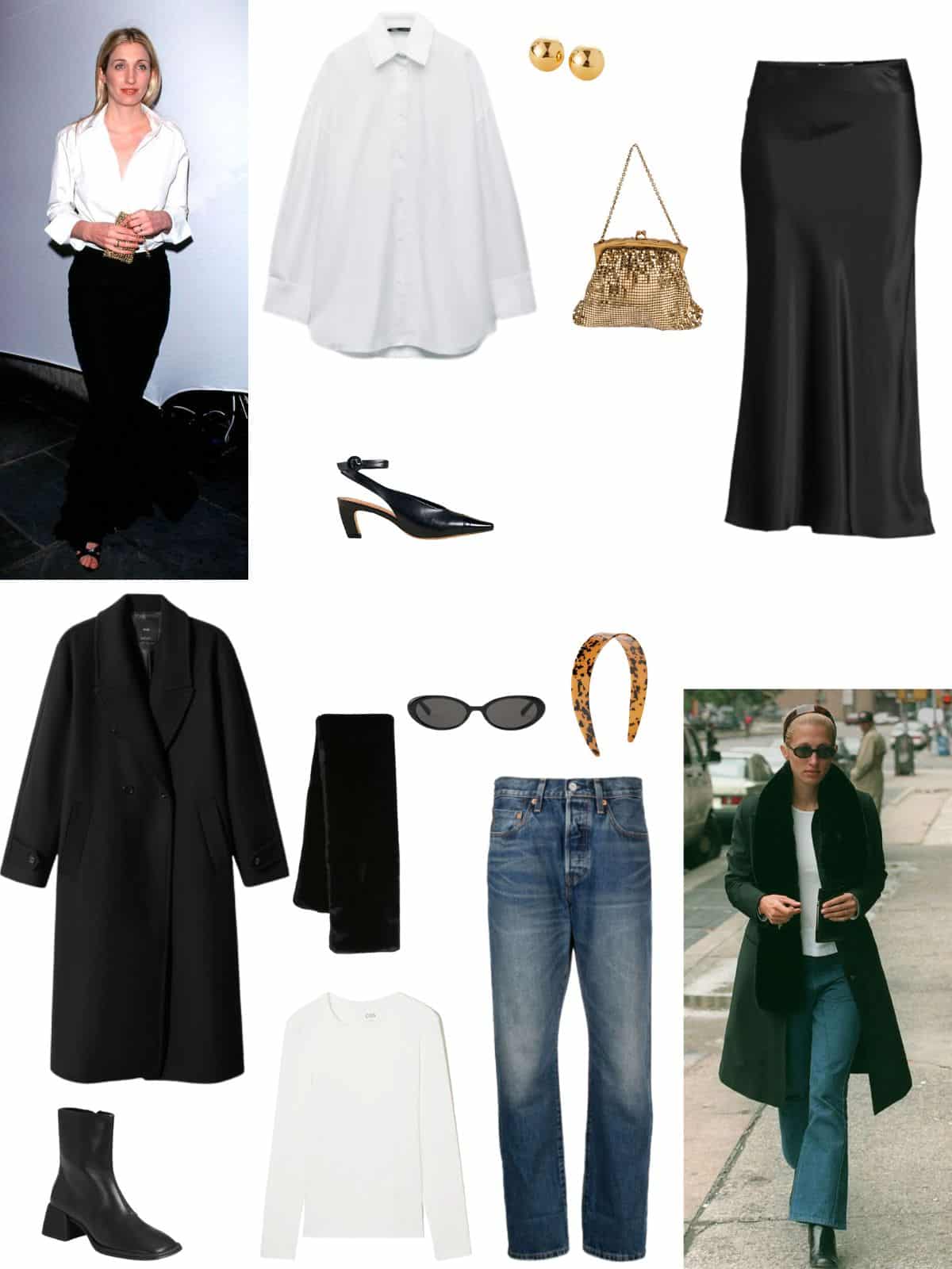 A white background with two photos of Carolyn Bessette-Kennedy. Beside each photo is an outfit inspired by what she is wearing. Outfit one is a button up, satin maxi skirt, black heels, and a gold mesh bag. Outfit two is blue jeans, a white long sleeve, black coat, and black boots.
