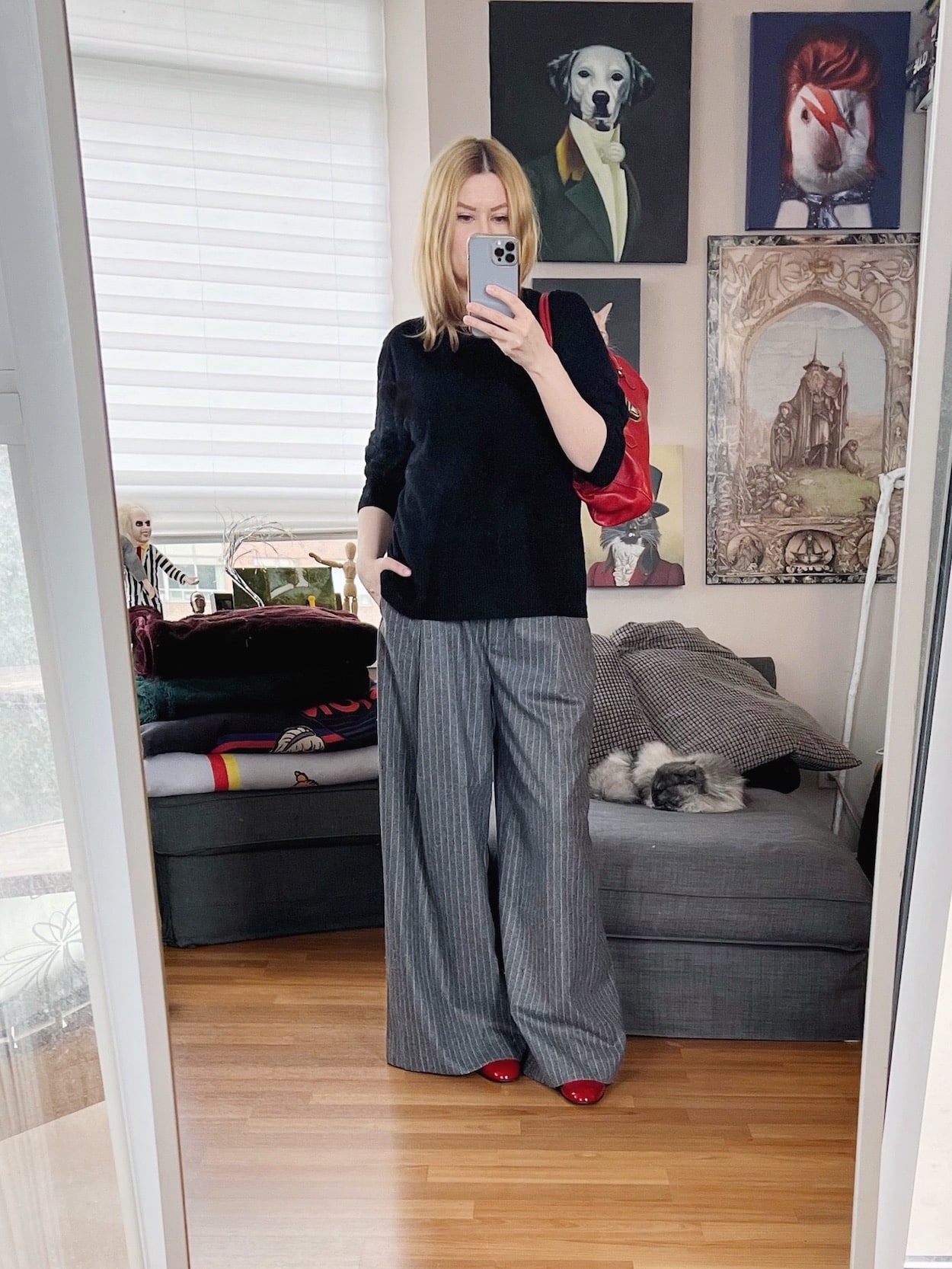 How to wear wide leg cashmere pants, cashmere pants outfit idea