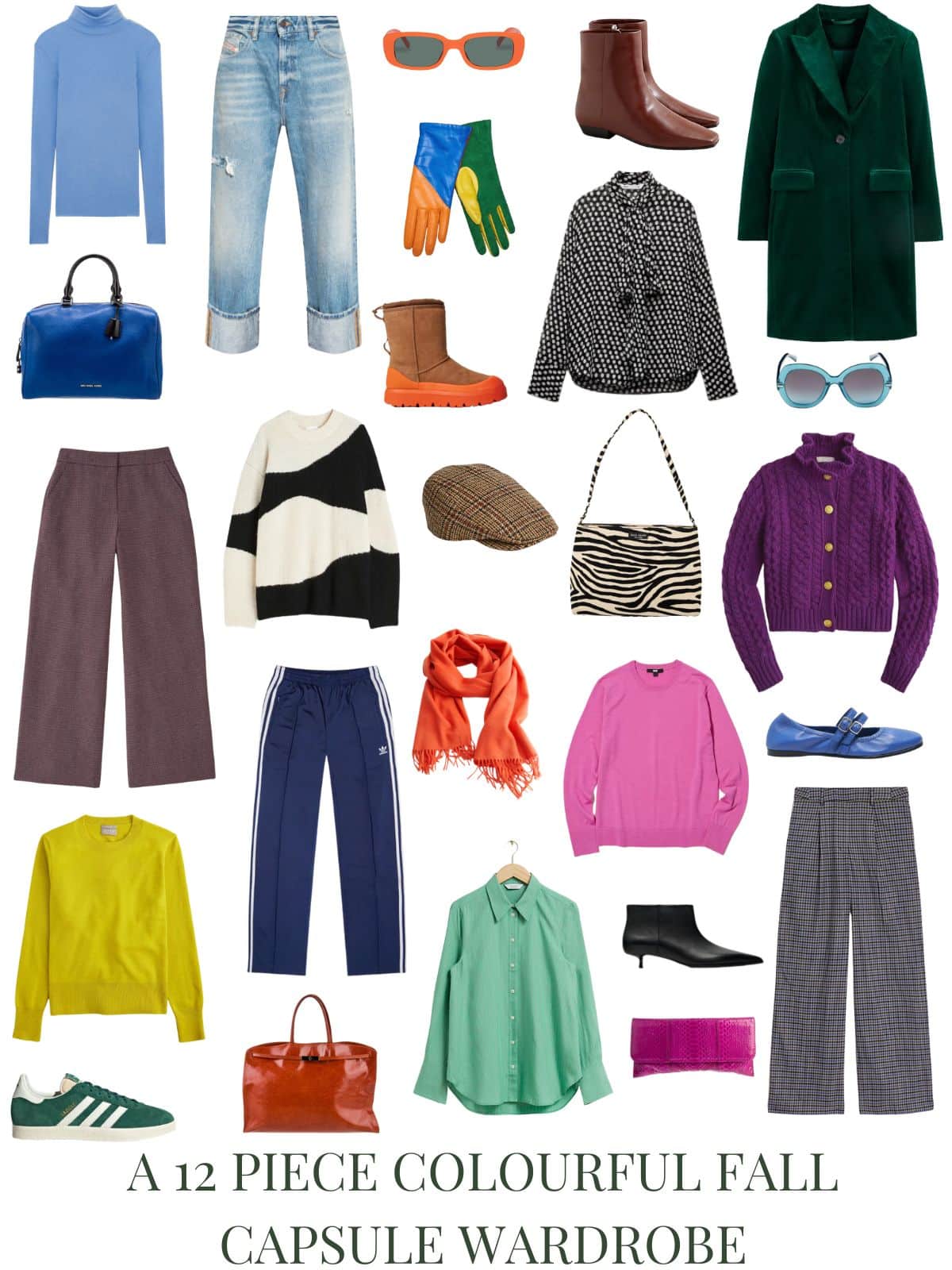 A white background with 12 pieces and accessories for A 12 Piece Colourful Fall Capsule Wardrobe.