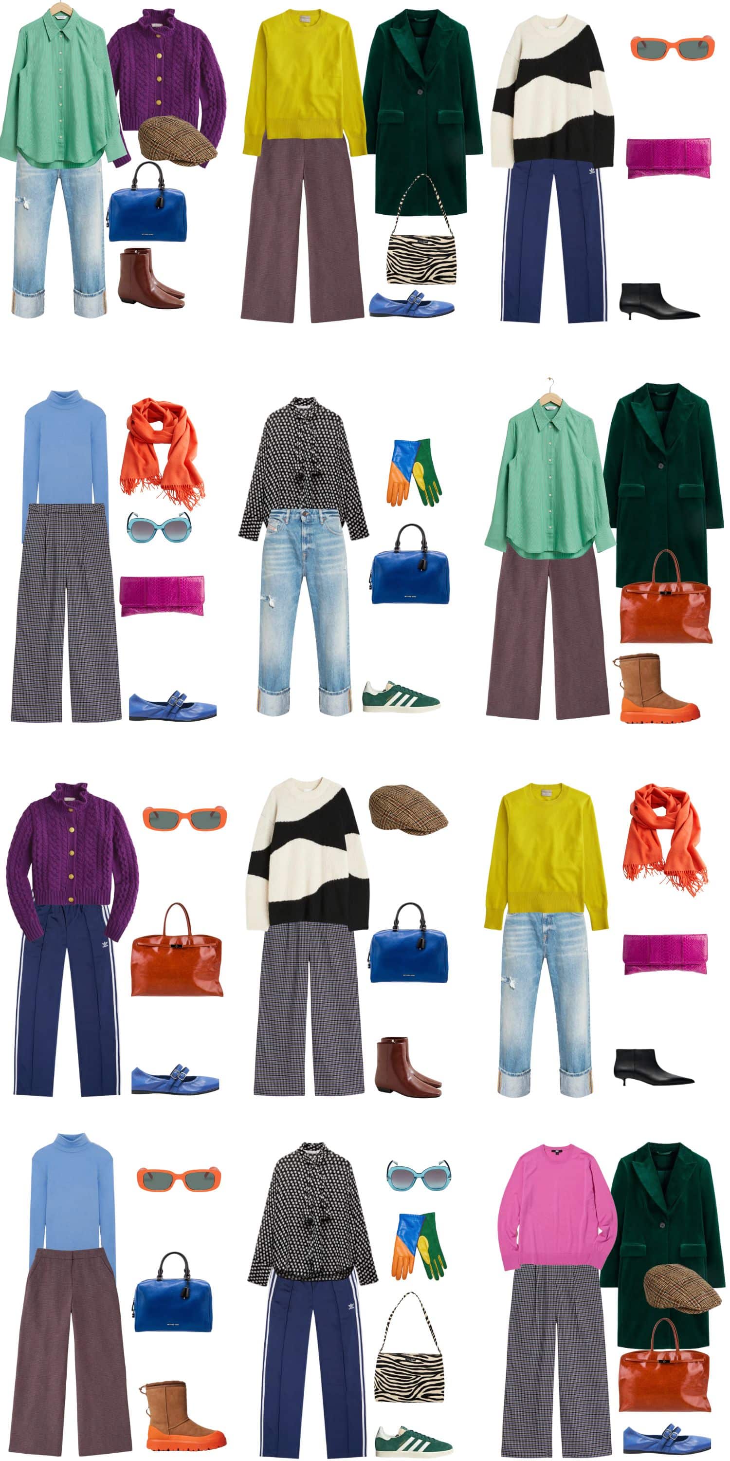 A white background with 12 outfits for A 12 Piece Colourful Fall Capsule Wardrobe.