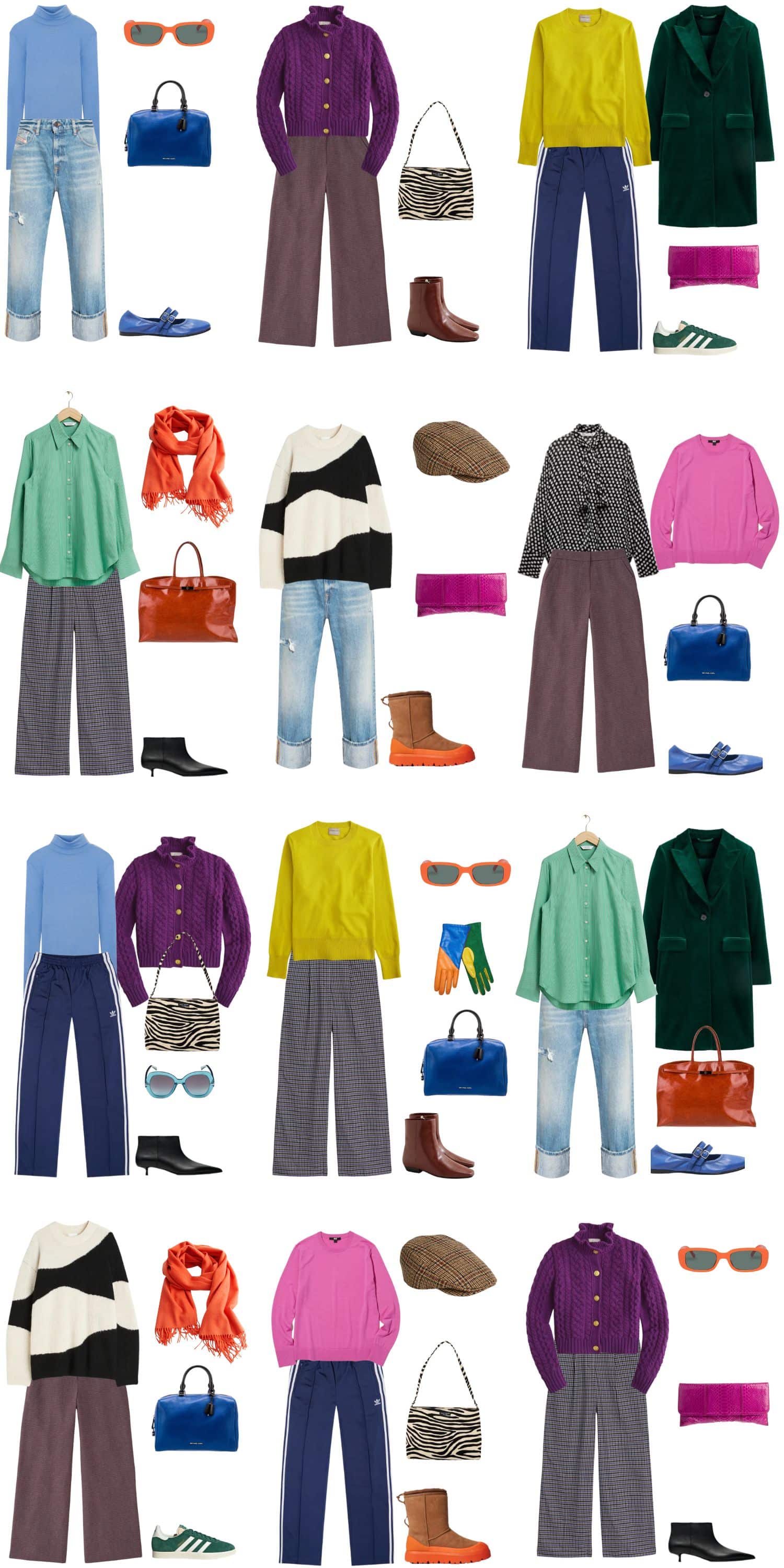 A white background with 12 outfits for A 12 Piece Colourful Fall Capsule Wardrobe.