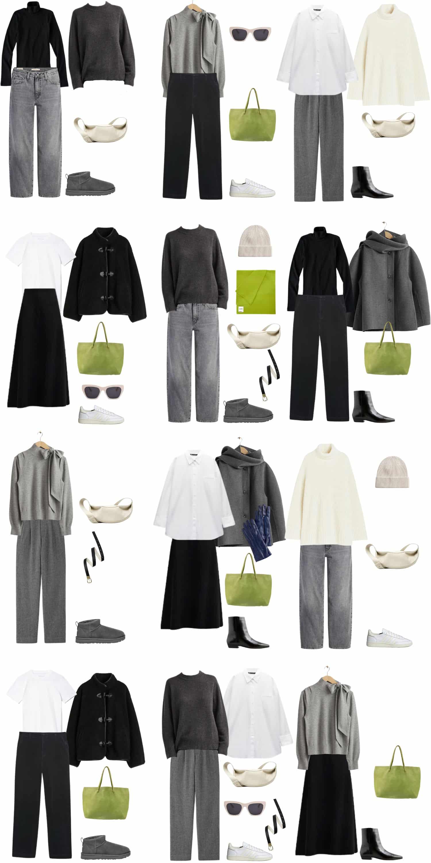 A white background with 12 outfits for A 12 Piece Holiday Packing List.