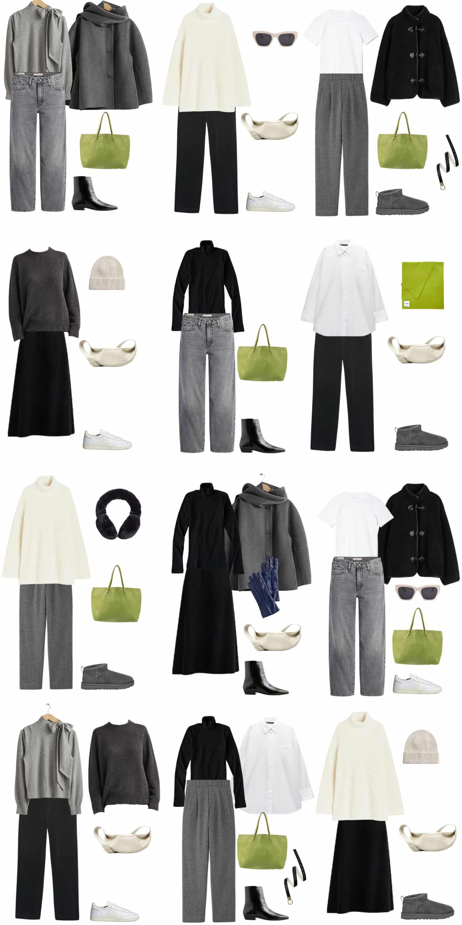 A white background with 12 outfits for A 12 Piece Holiday Packing List.