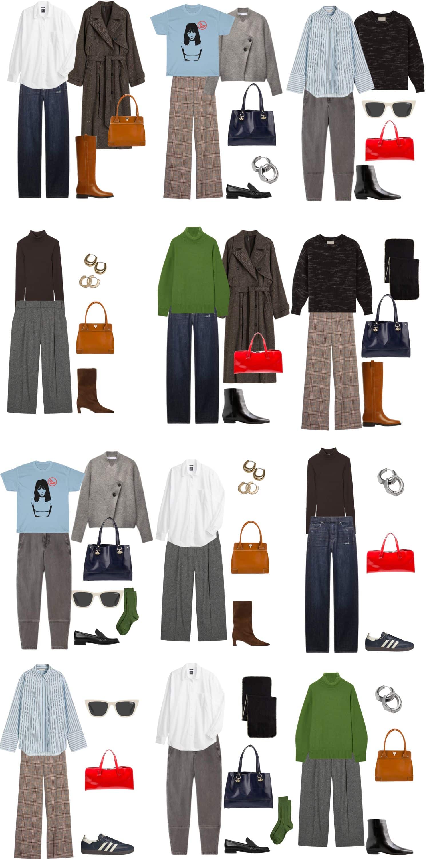 A white background with 12 outfits for A 12 Piece Stay at Home Mom Fall Capsule Wardrobe.