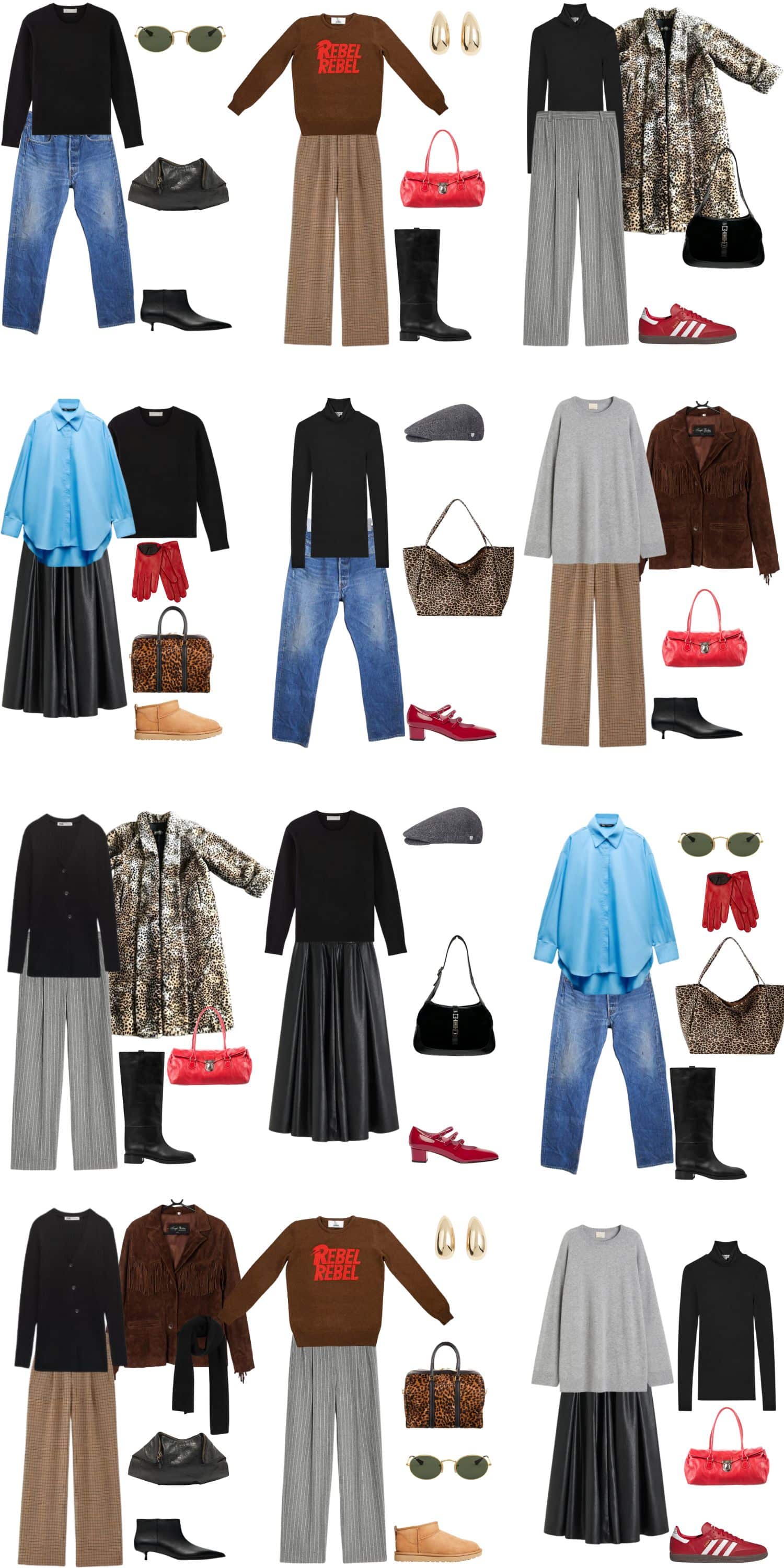 A white background with 12 outfits for My 12 Piece Ultimate Fall Capsule Wardrobe.