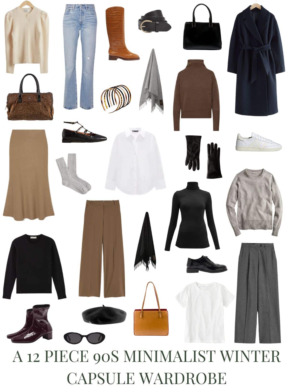 A white background with 12 pieces and accessories for A 12 Piece 90s Minimalist Winter Capsule Wardrobe.