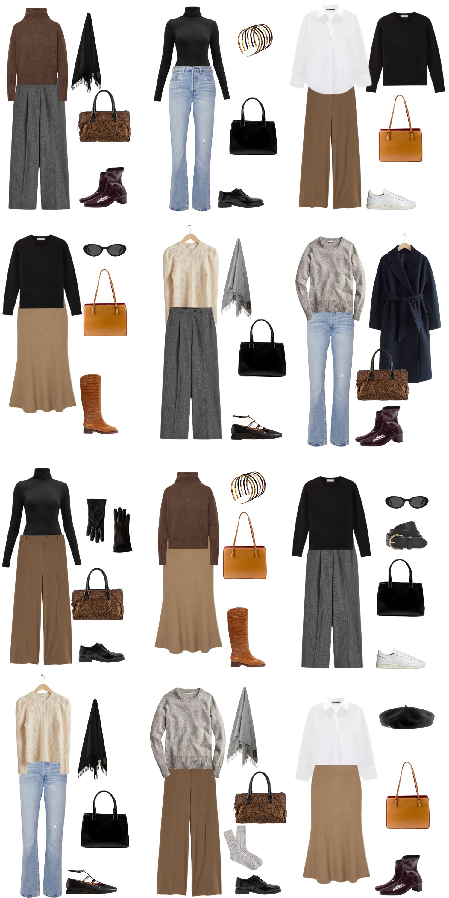 A white background with 12 outfits for A 12 Piece 90s Minimalist Capsule Wardrobe.