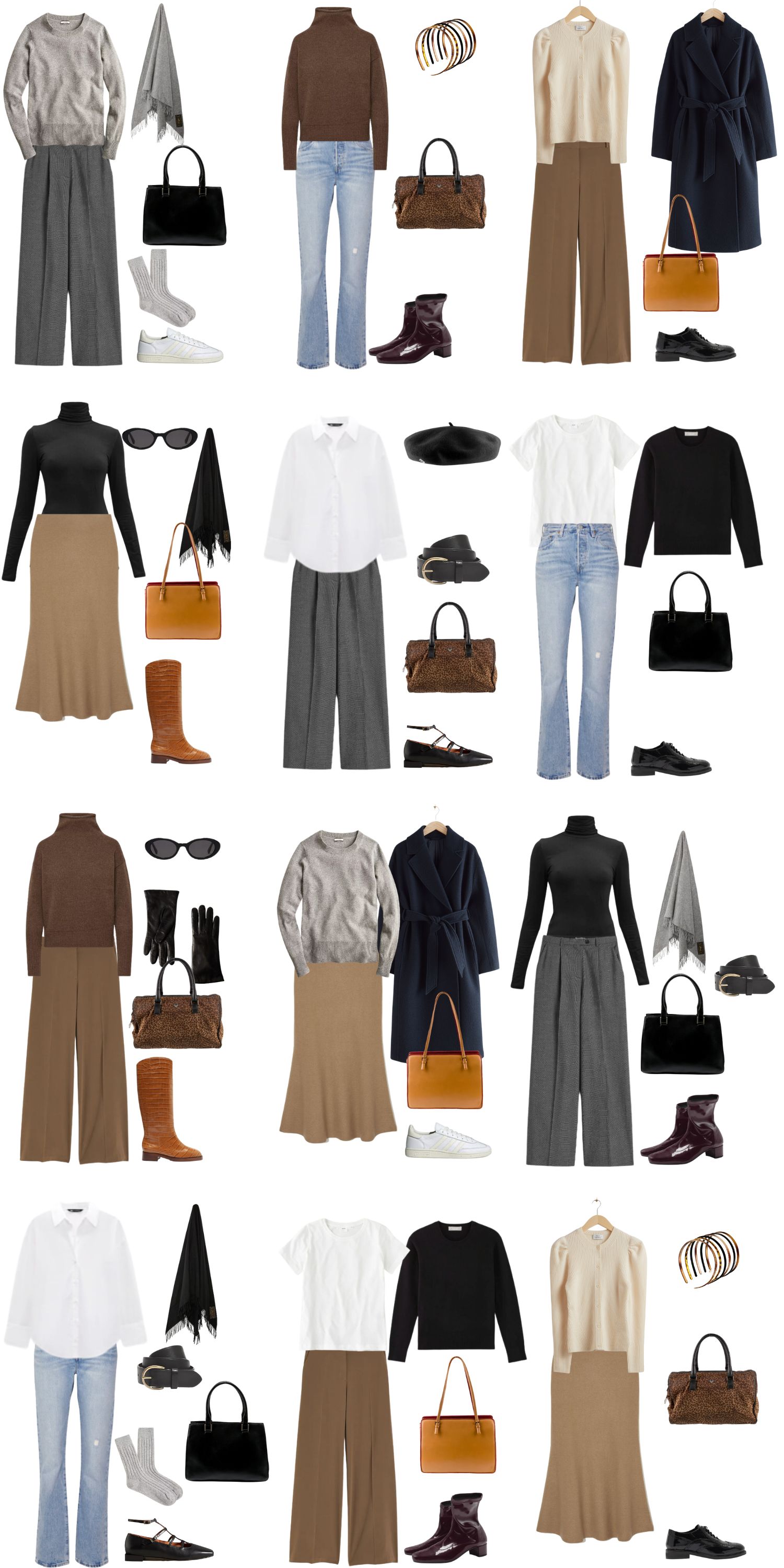 A white background with 12 outfits for A 12 Piece 90s Minimalist Capsule Wardrobe.