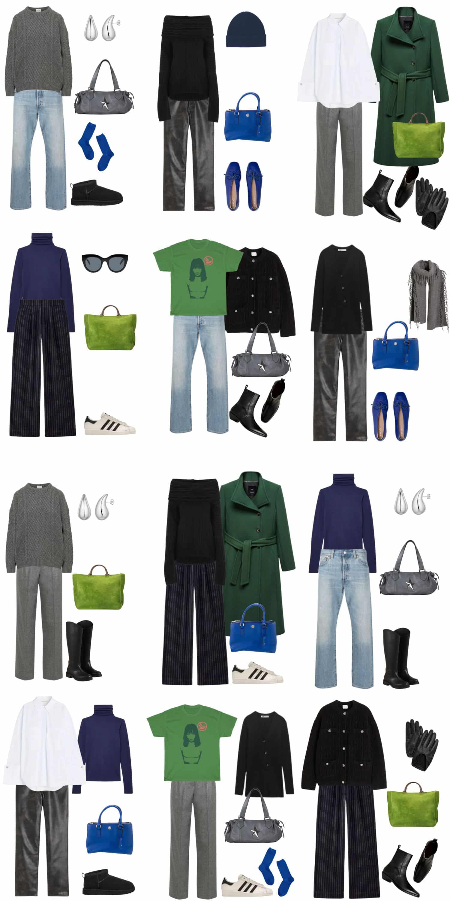 A white background with 12 outfits for A 12 Piece Edgy Classic Capsule Wardrobe.