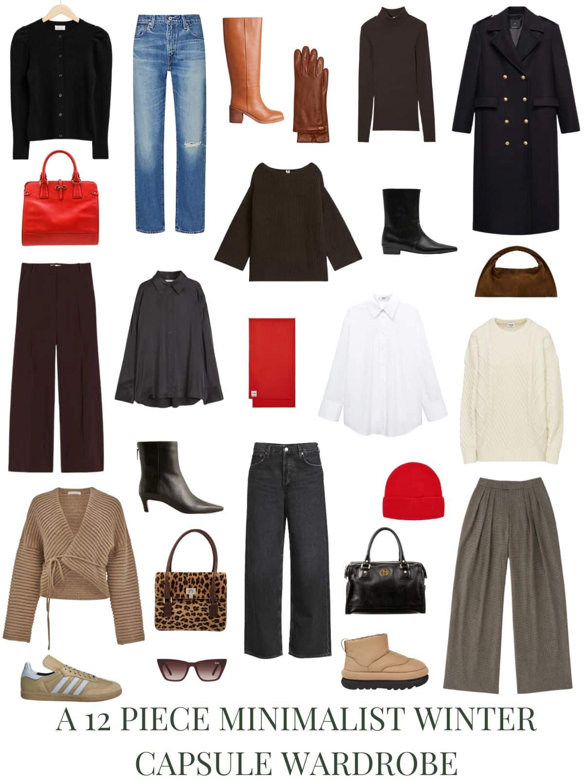 A white background with 12 pieces and accessories for A 12 Piece Minimalist Winter Capsule Wardrobe.