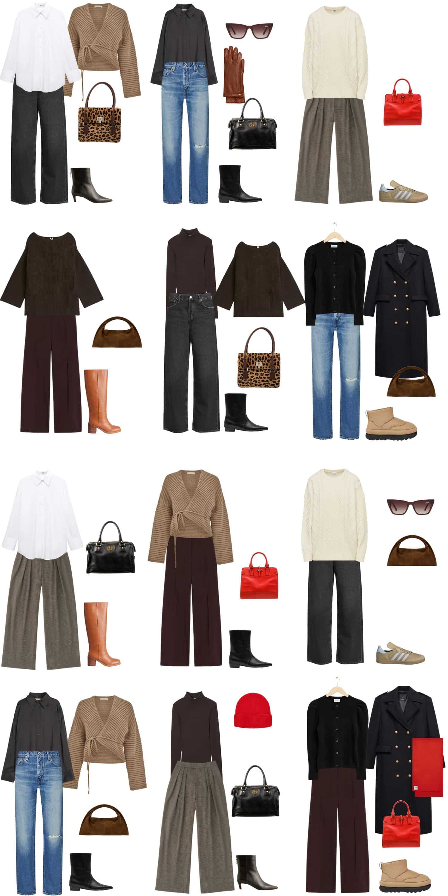 A white background with 12 outfits for A 12 Piece Minimalist Winter Capsule Wardrobe.