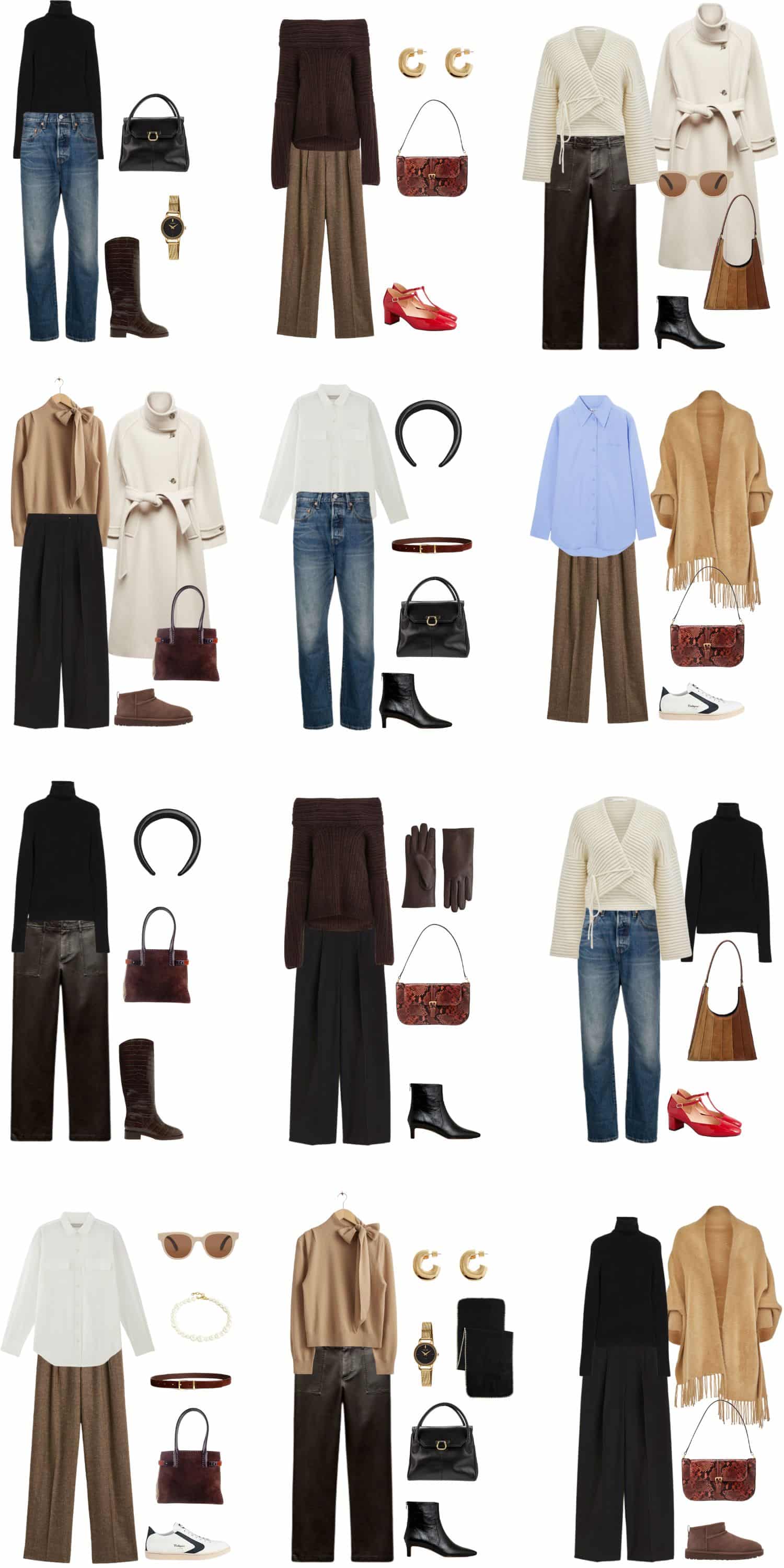 A white background with 12 outfits for A 12 Piece Quiet Luxury Capsule Wardrobe.