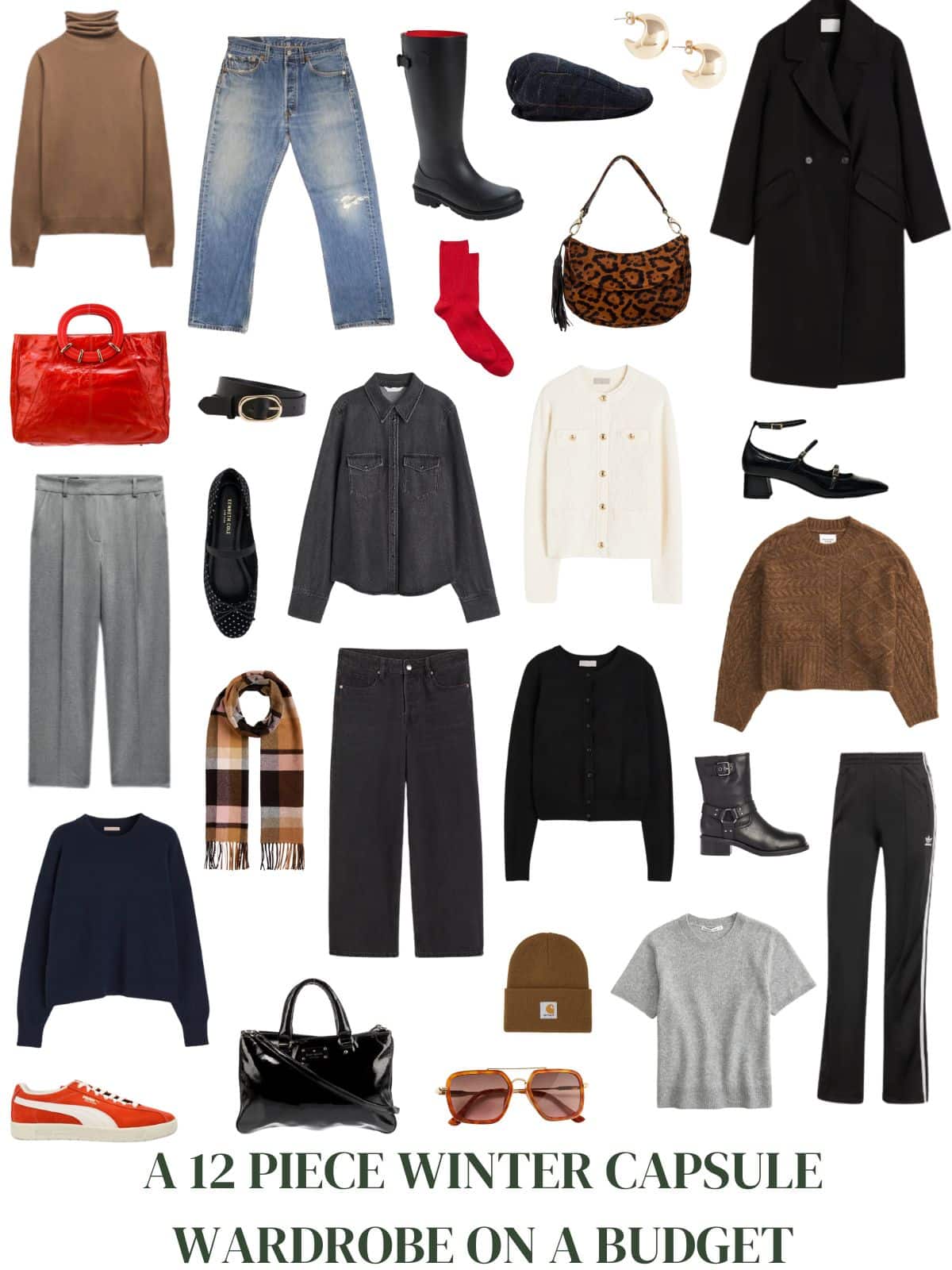 A white background with 12 pieces and accessories for A 12 Piece Winter Capsule Wardrobe on a Budget.