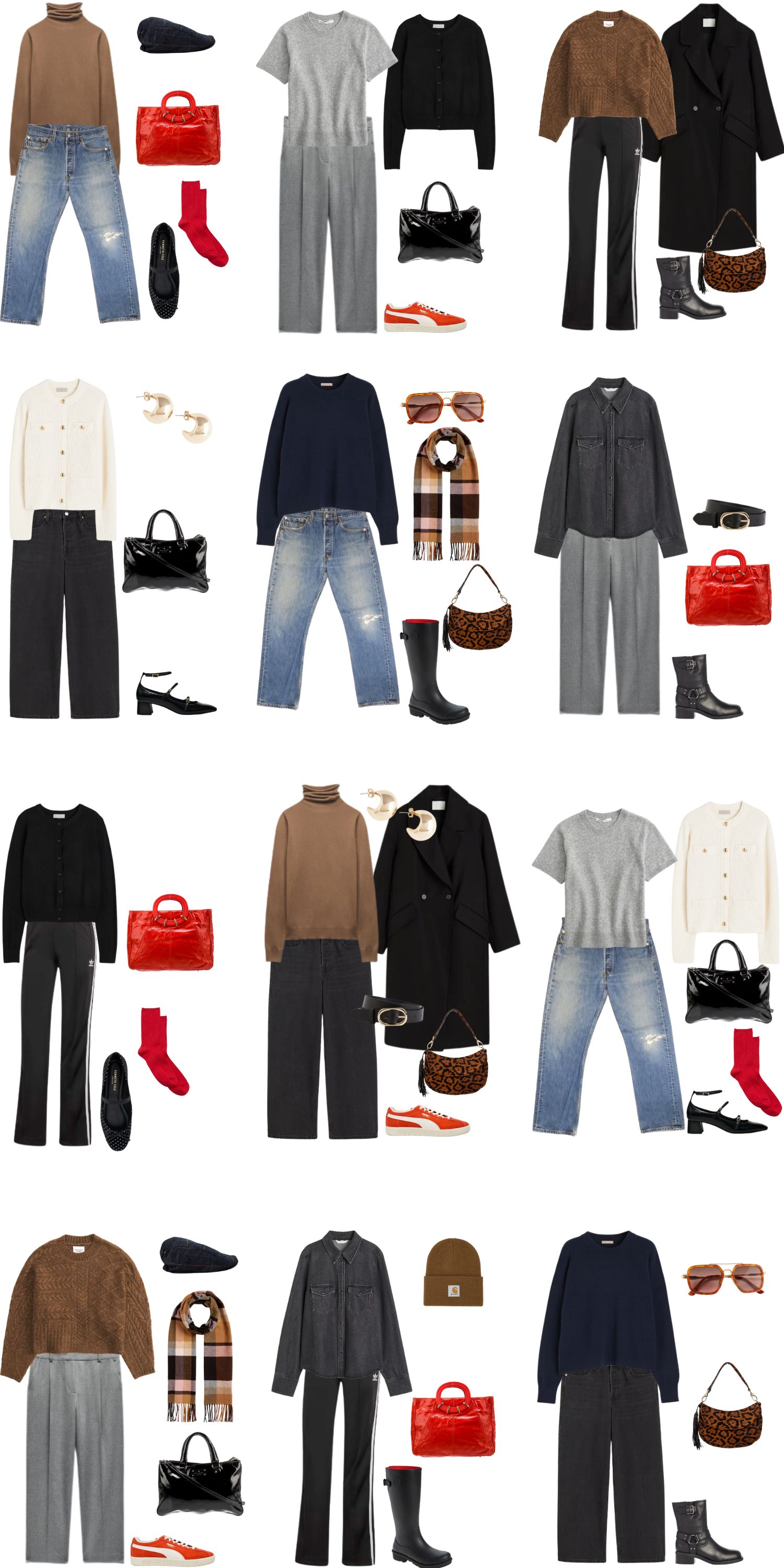 A white background with 12 outfits for A 12 Piece Winter Capsule Wardrobe on a Budget.