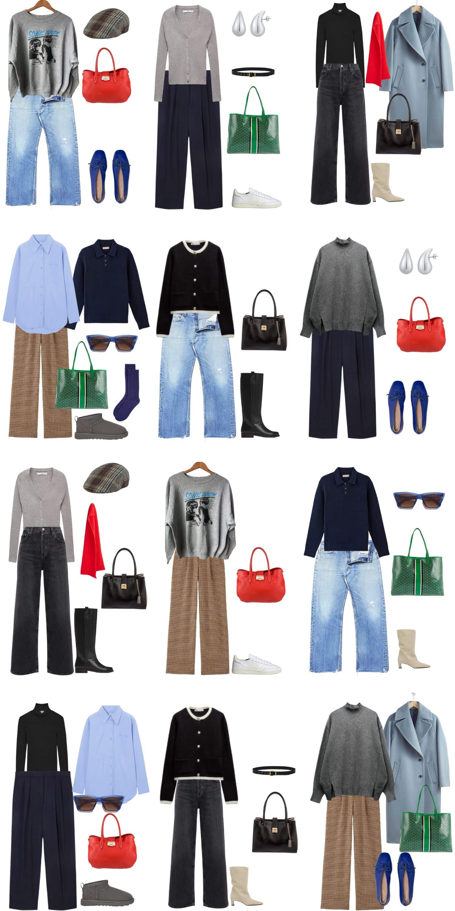 A white background with 12 outfits for A 12 Piece Cool Mom Winter Capsule Wardrobe.