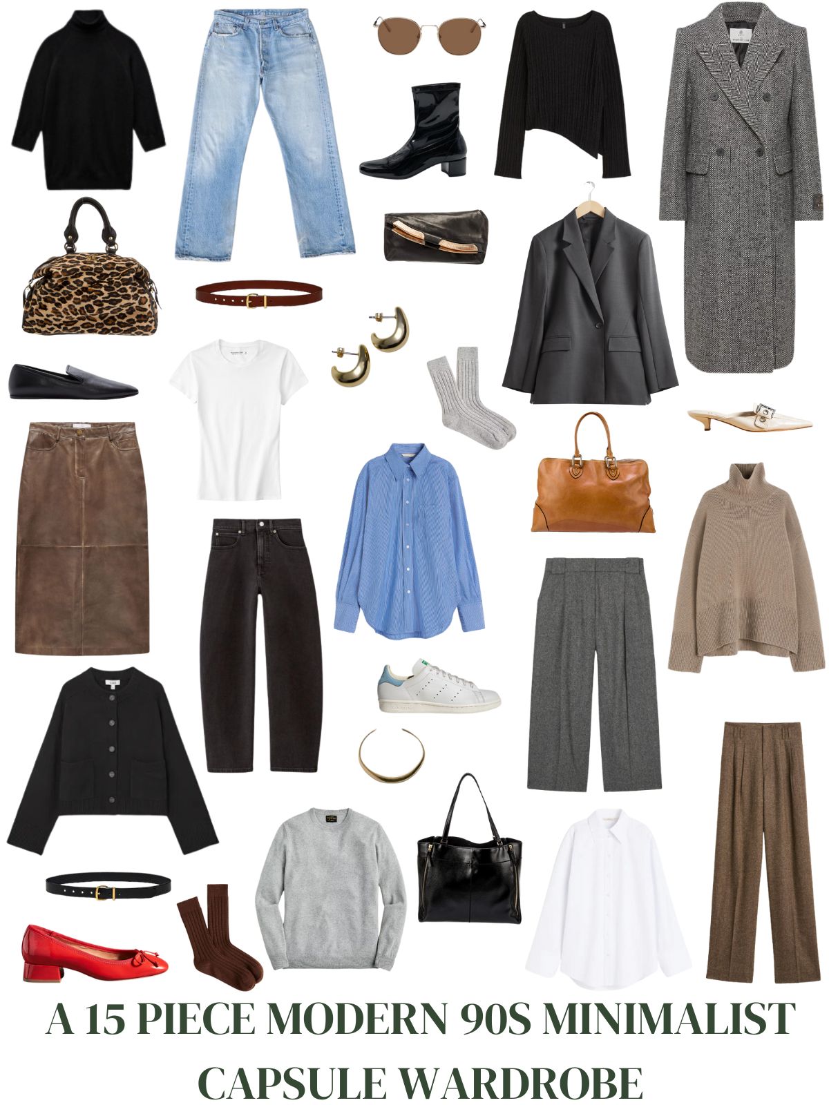 A white background with 12 pieces and accessories for A 12 Modern 90s Minimalist Winter Capsule.
