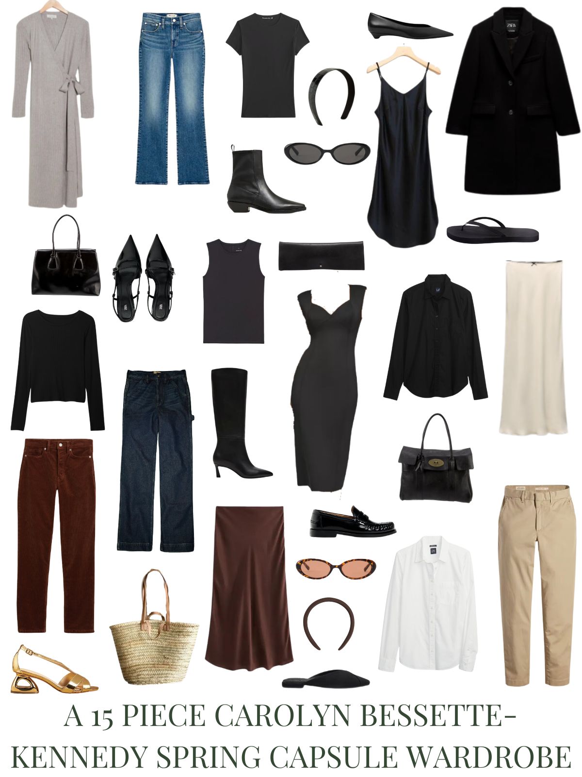 A white background with 15 clothing items plus shoes and accessories for a Carolyn Bessette-Kennedy Style Spring capsule wardrobe.