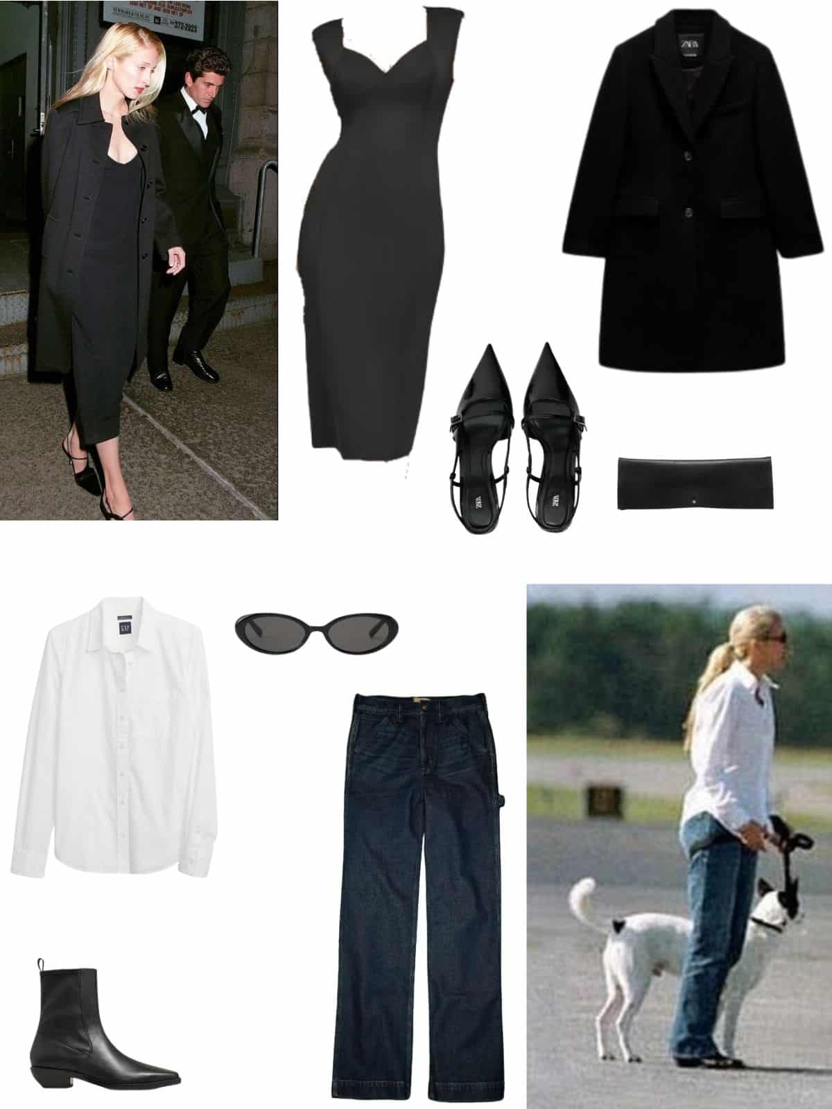 A white background with two photos of Carolyn Bessette-Kennedy. Beside each photo is an outfit inspired by what she is wearing. Outfit one is a black sheath dress, a long black coat, and black heels. Outfit two is a white button up, carpenter jeans, and ankle boots.