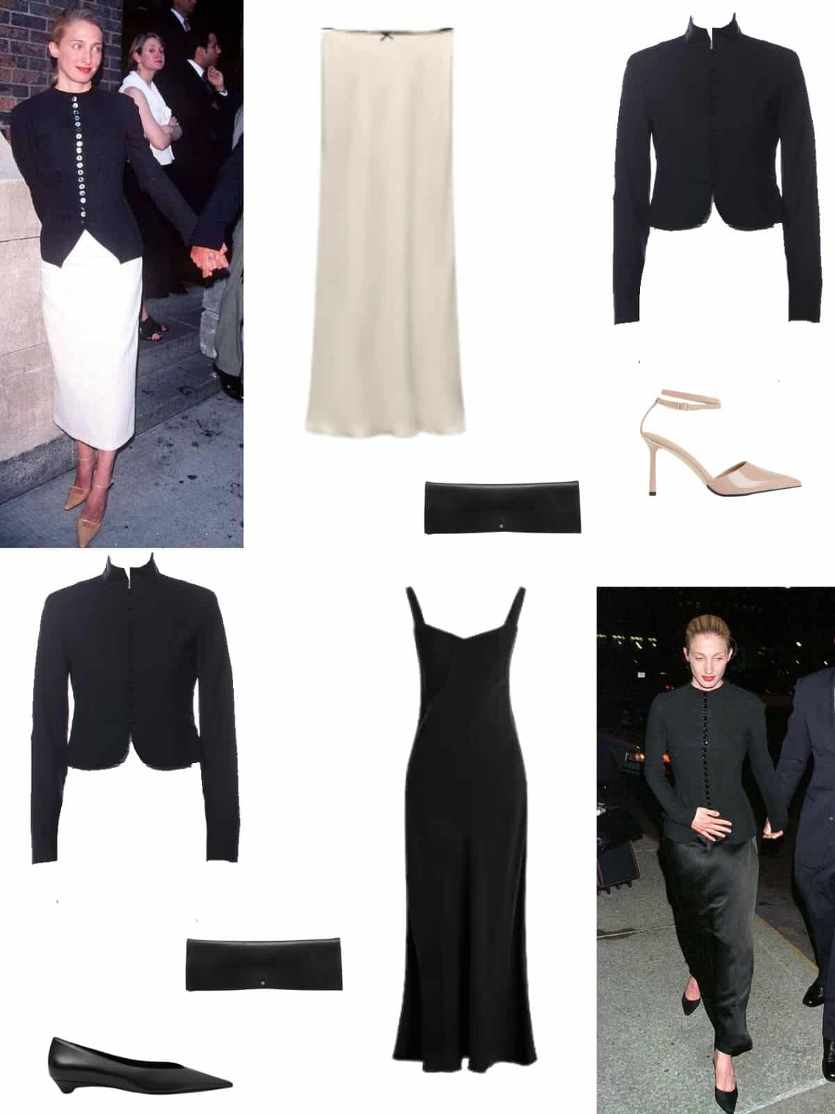 A white background with two photos of Carolyn Bessette-Kennedy. Beside each photo is an outfit inspired by what she is wearing. Outfit one is a black levening jacket and a long off white slip skirt with heels. Outfit two is the same black evening jacket, and long black slip dress, and black flats.