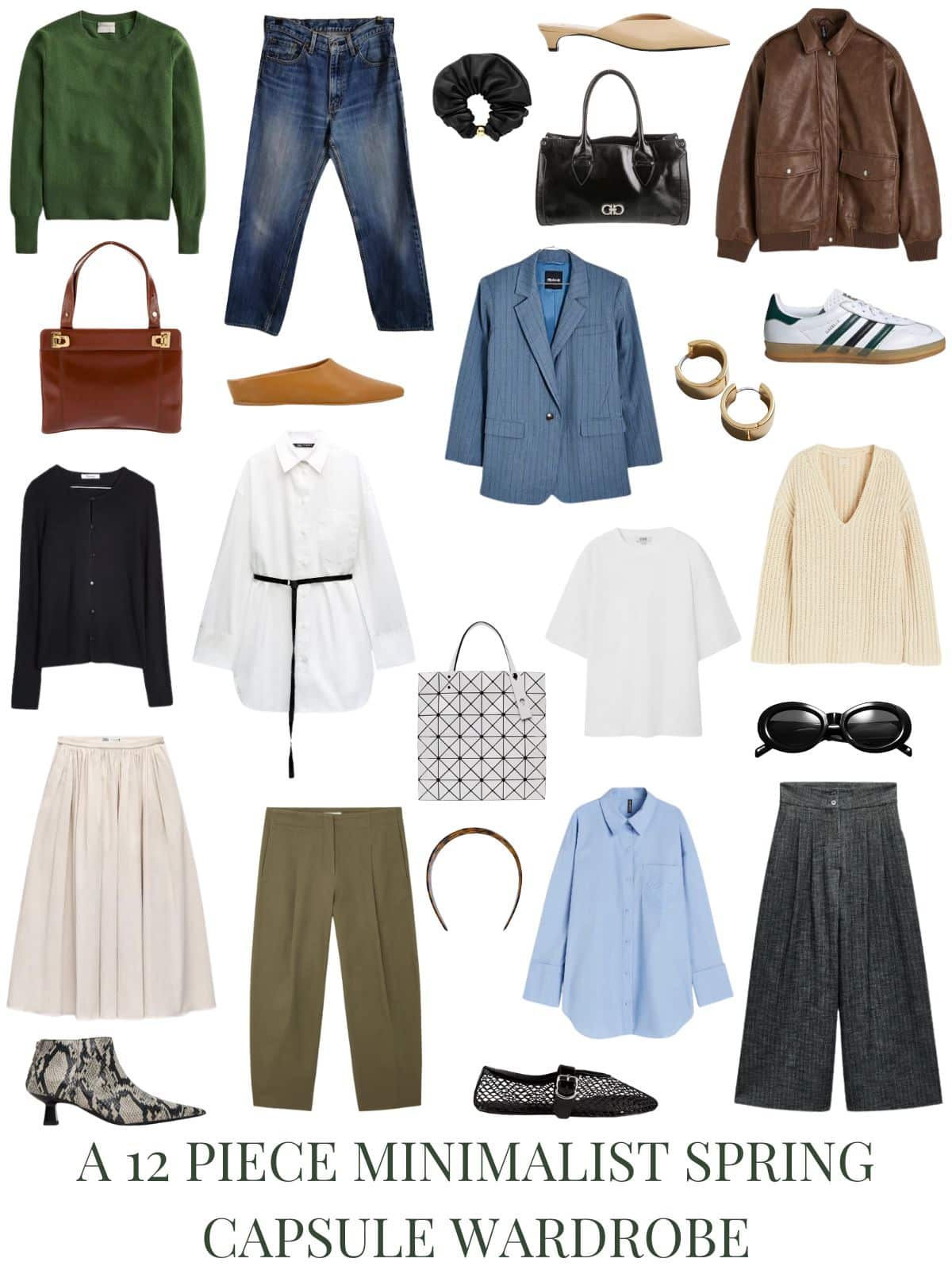 A white background with 12 pieces and accessories for A 12 Piece Minimalist Spring Capsule Wardrobe.