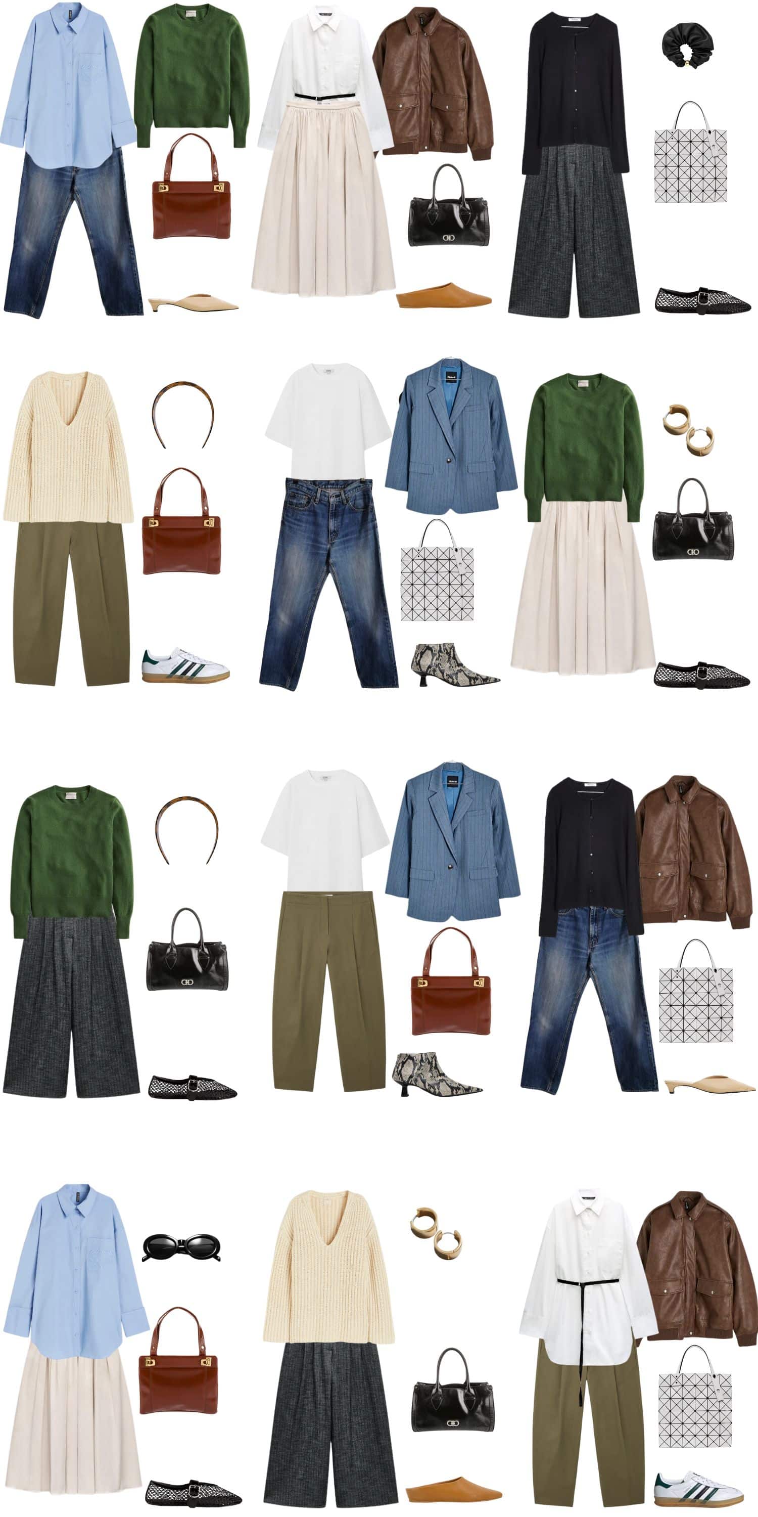 A white background with 12 outfits for A 12 Piece Minimalist Spring Capsule Wardrobe.
