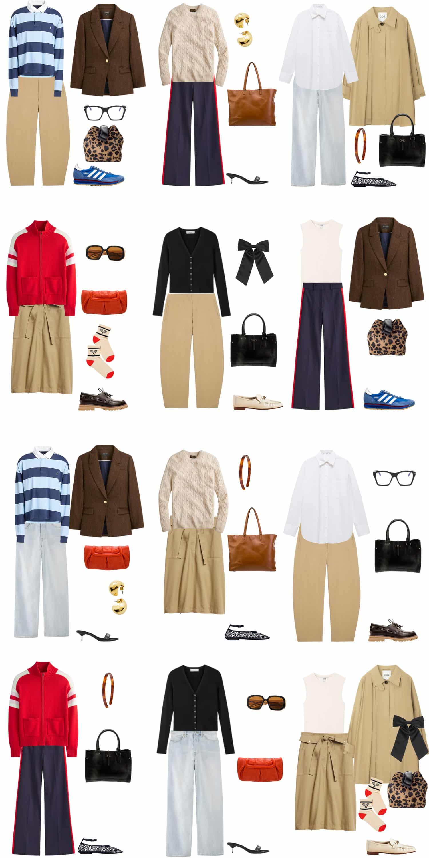 A white background with 12 outfits for A 12 Piece Preppy Spring Capsule Wardrobe.