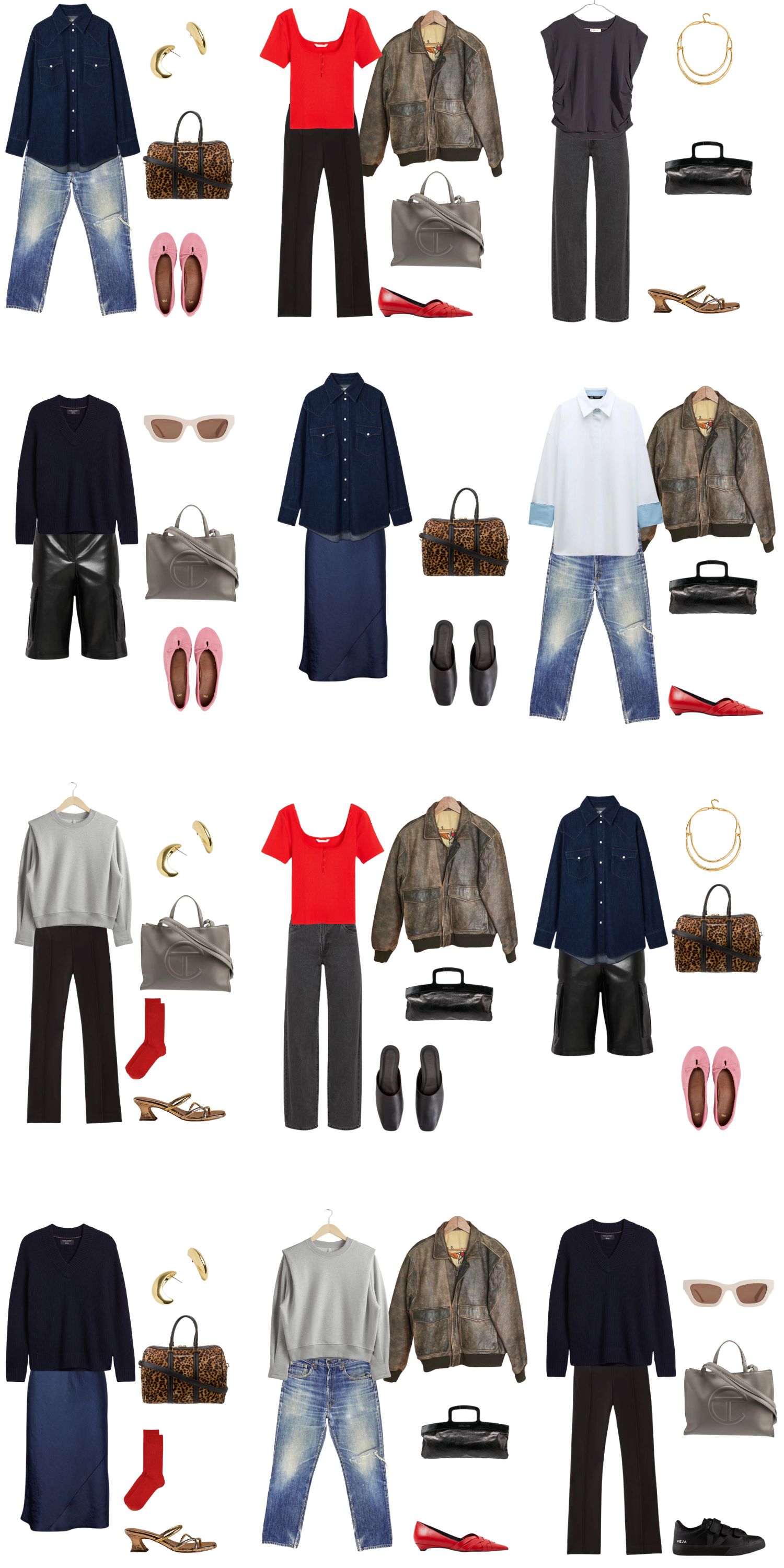 A white background with 12 outfits for A 12 Piece Edgy Minimalist Spring Capsule Wardrobe.