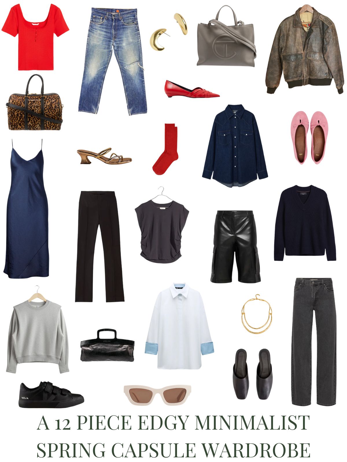 A white background with 12 outfits for A 12 Piece Edgy Minimalist Spring Capsule Wardrobe.