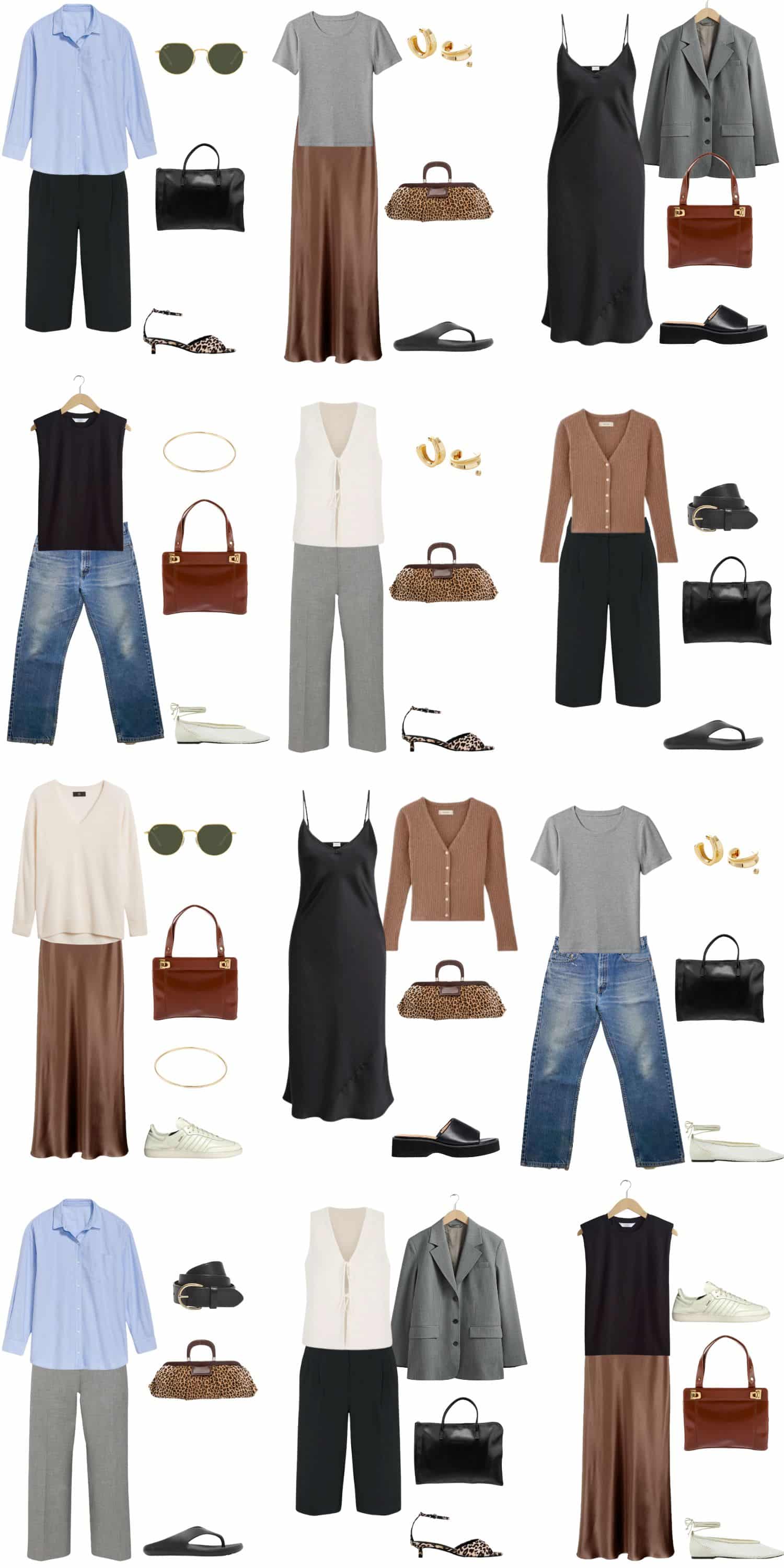 A white background with 12 outfits for A 12 Piece 90s Minimalist Summer Capsule Wardrobe.