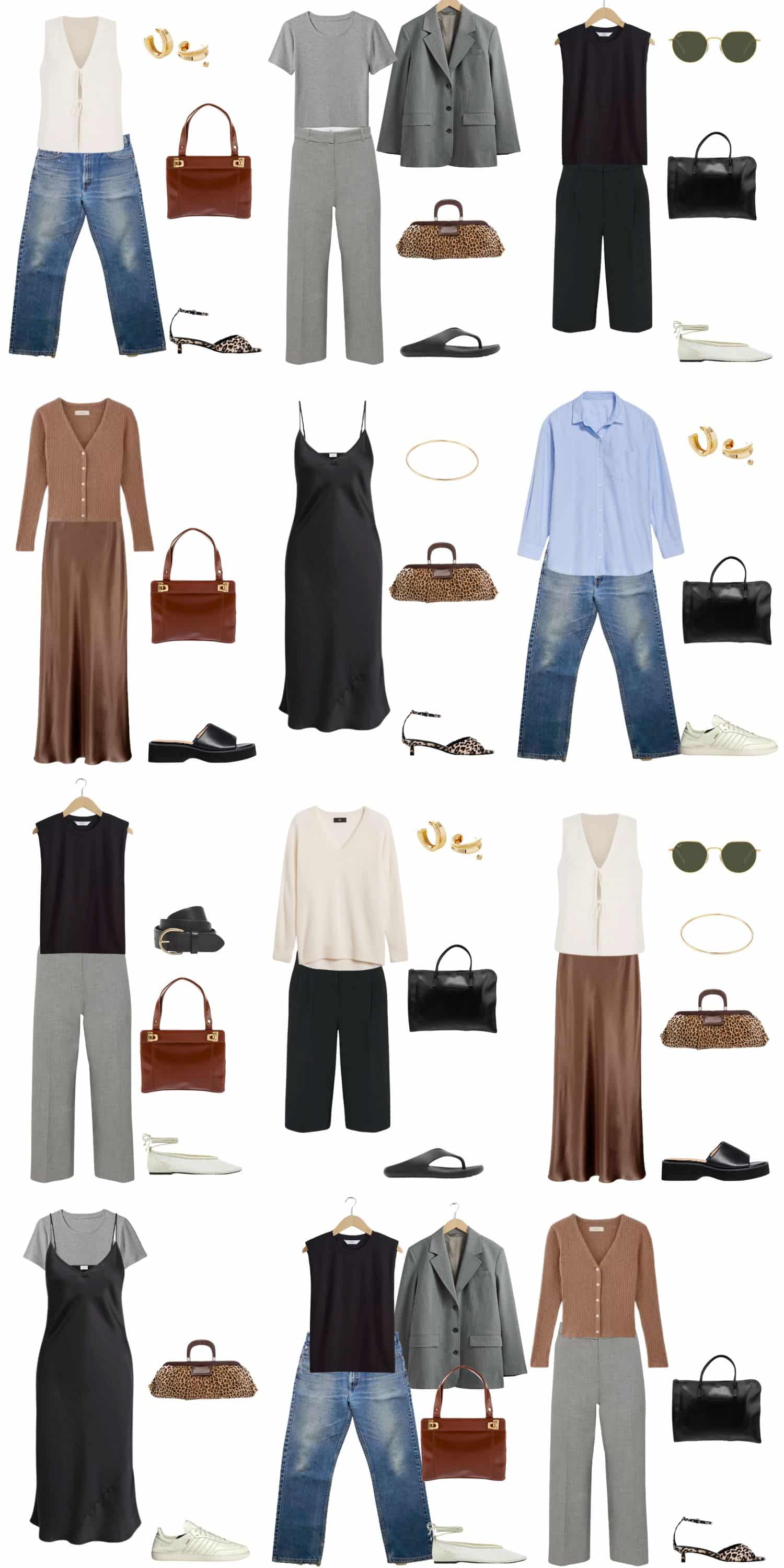 A white background with 12 outfits for A 12 Piece 90s Minimalist Summer Capsule Wardrobe.