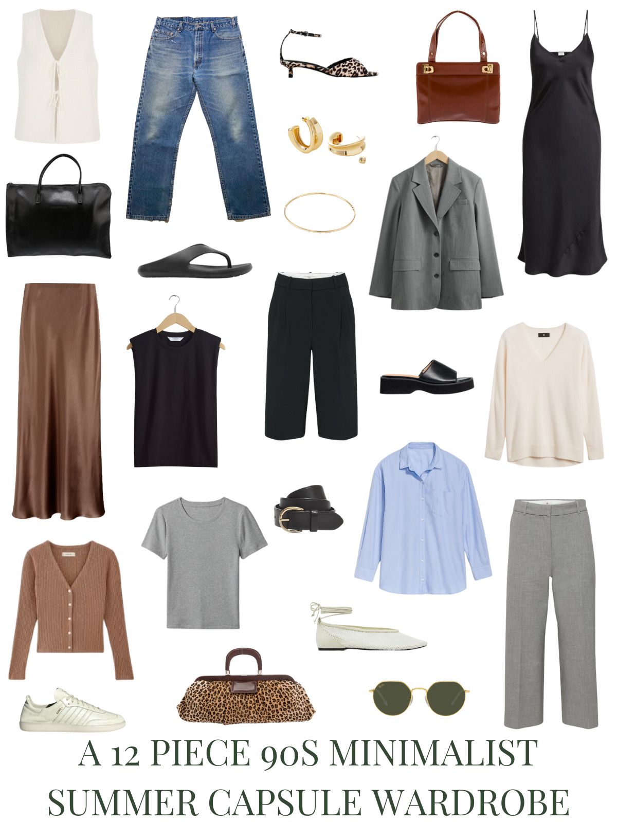 A white background with 12 outfits for A 12 Piece 90s Minimalist Summer Capsule Wardrobe.