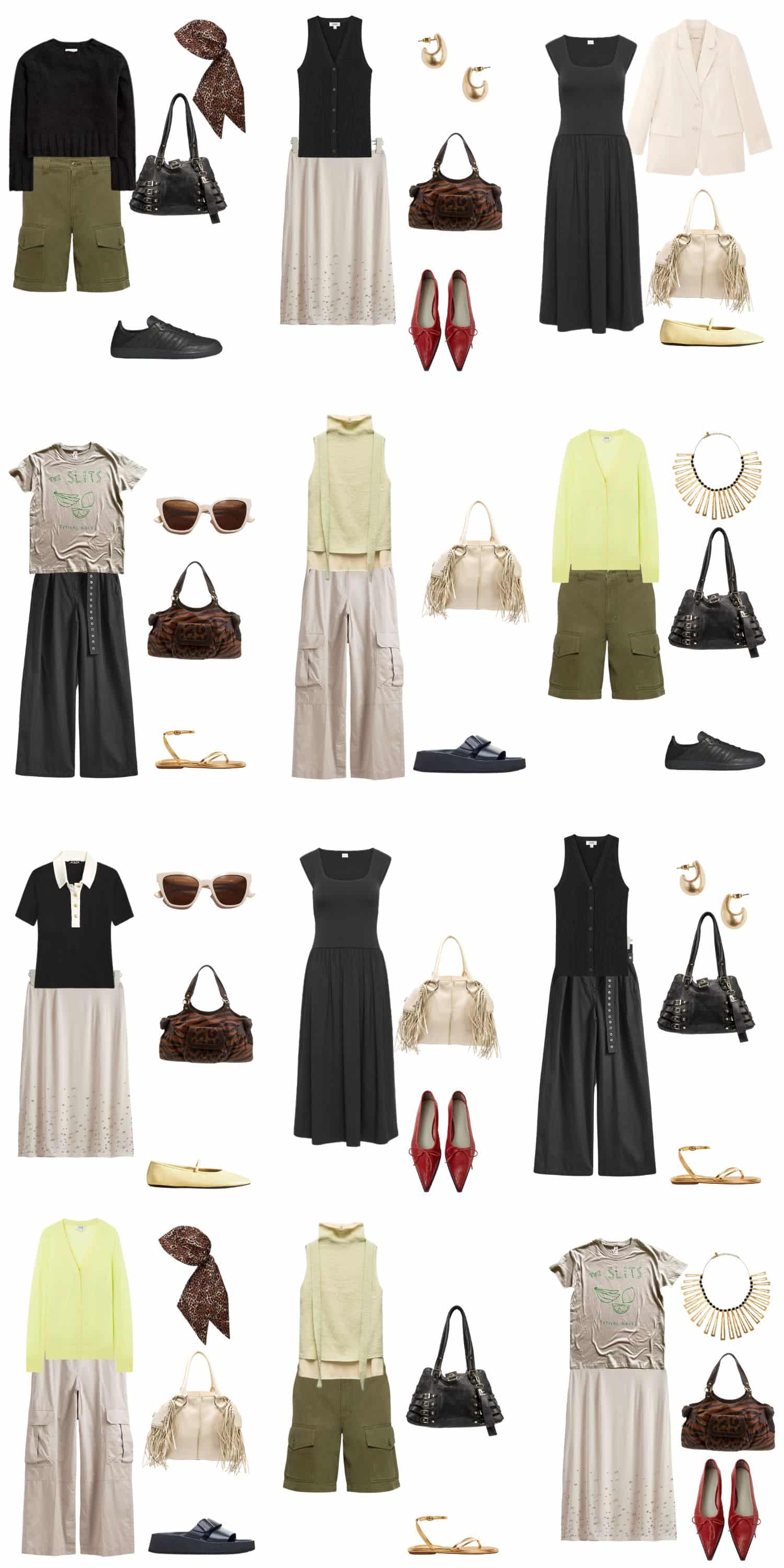 A white background with 12 outfits for A 12 Piece Edgy Minimalist Summer Capsule Wardrobe.