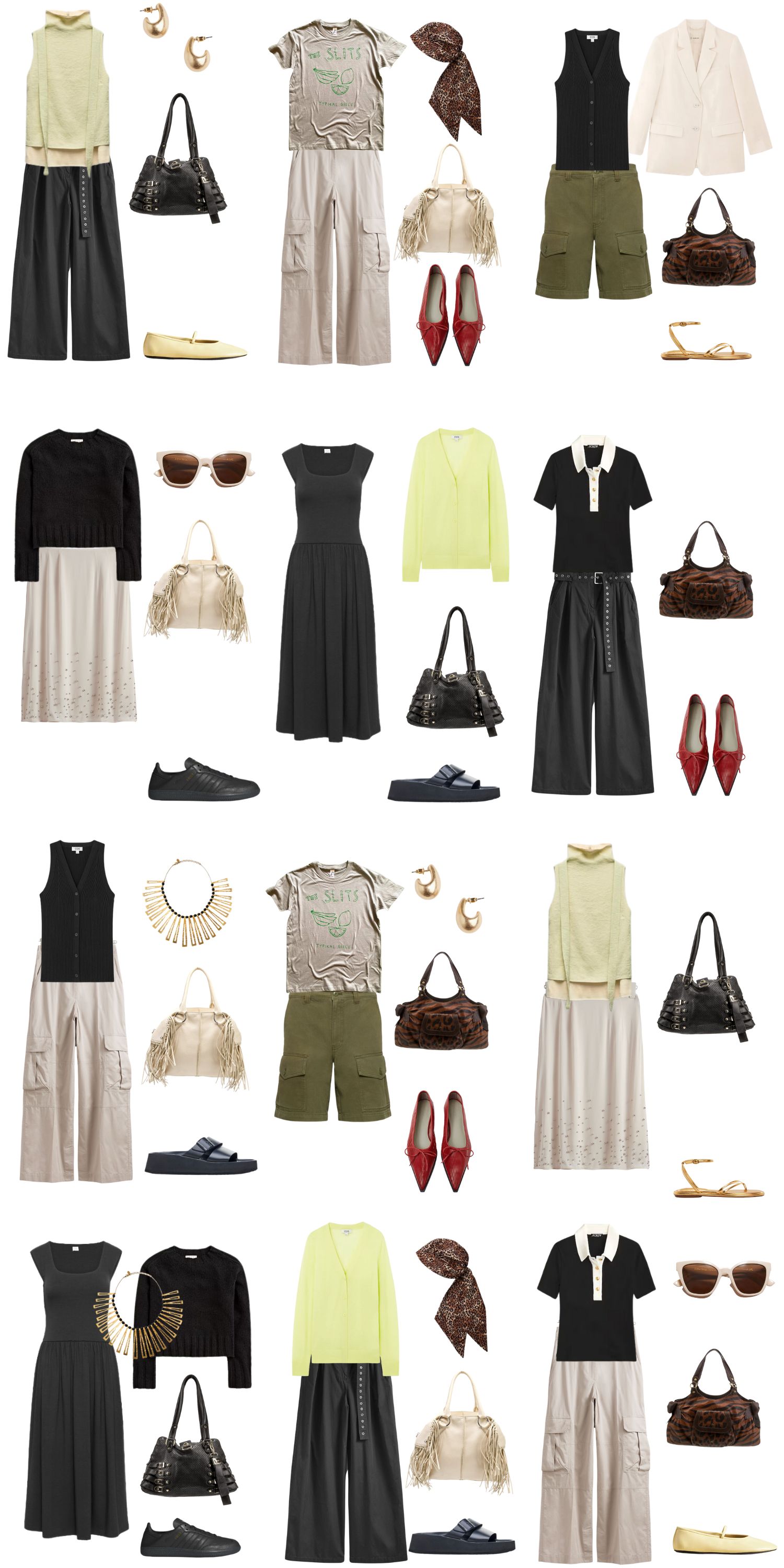 A white background with 12 outfits for A 12 Piece Edgy Minimalist Summer Capsule Wardrobe.