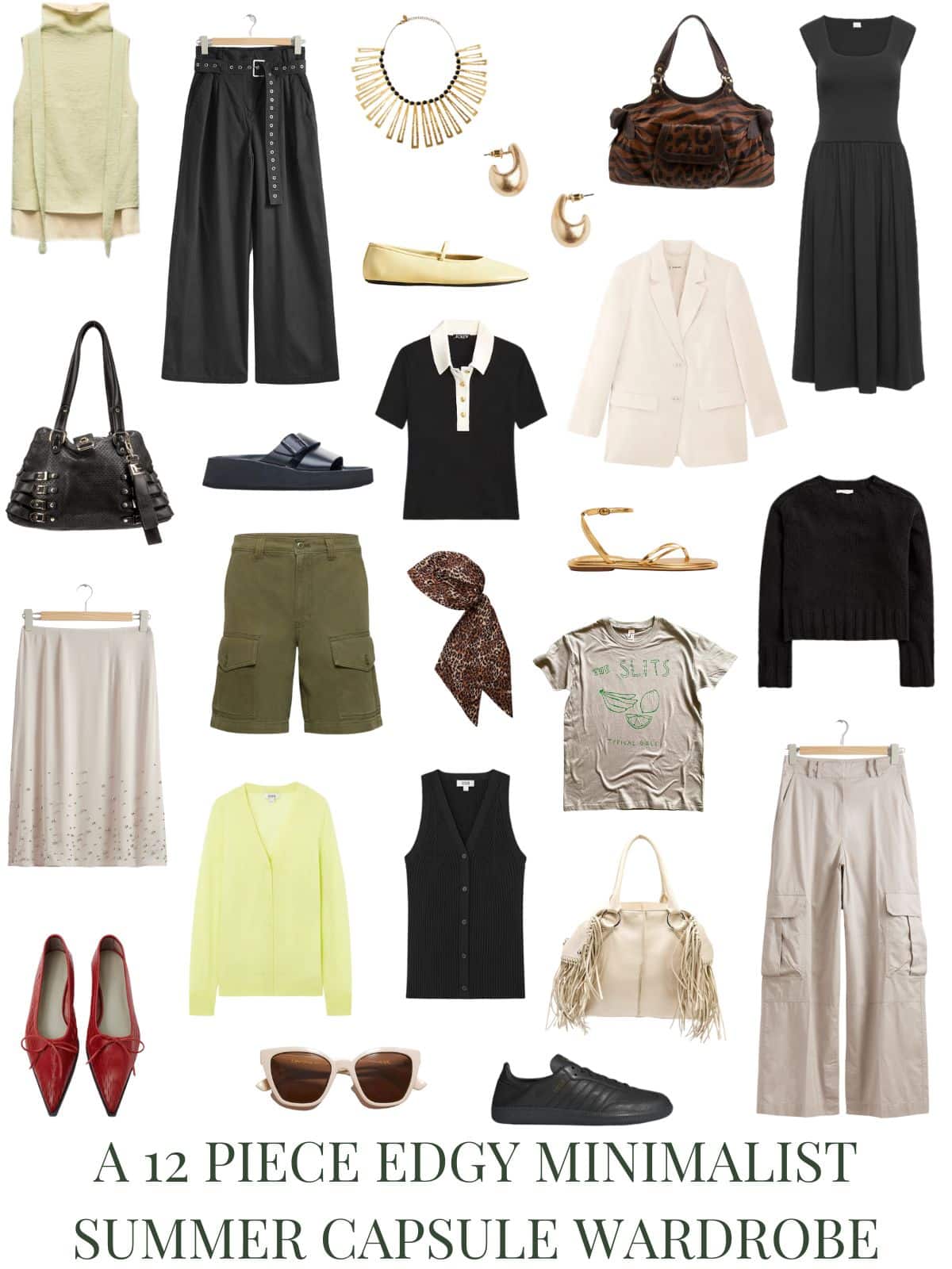 A white background with 12 outfits for A 12 Piece Edgy Minimalist Summer Capsule Wardrobe.