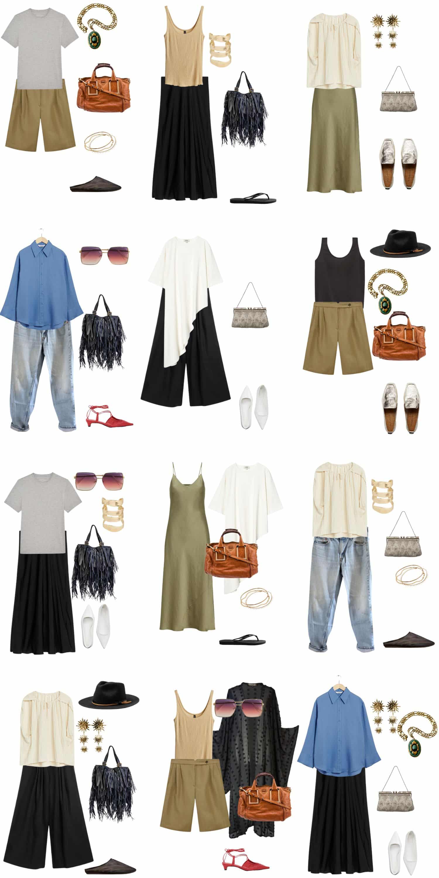 A white background with 12 outfits for A 12 Piece Boho Chic Summer Capsule Wardrobe.