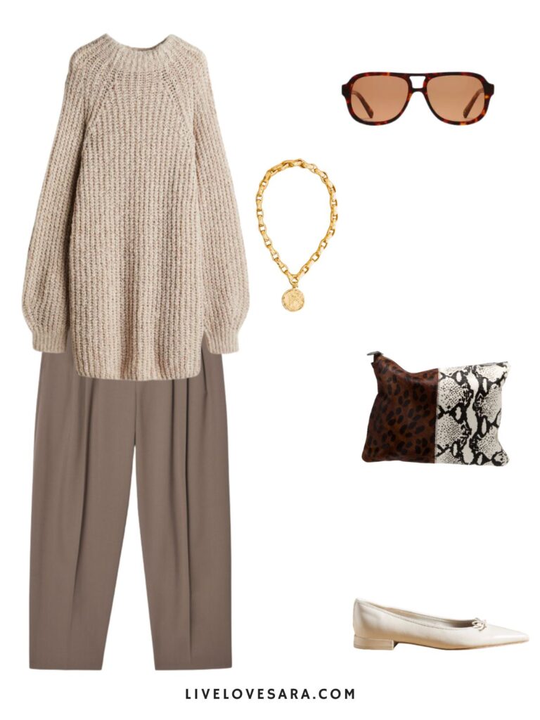 an image of an outfit of an oversized tan sweater, brown pants, white flats, an animals print clutch, a pendant necklace, and retro sunglasses.