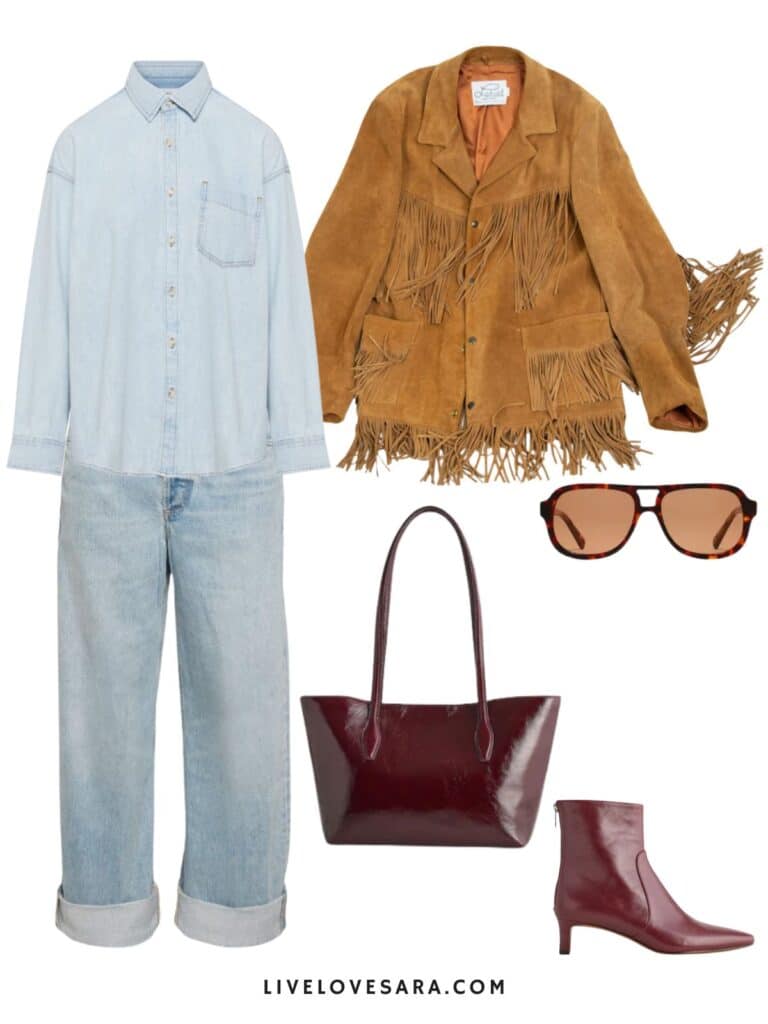 An image of an outfit of a denim shirt paired with cuffed denim, a vintage fringe jacket, retro sunglasses, and burgundy boots and a handbag.