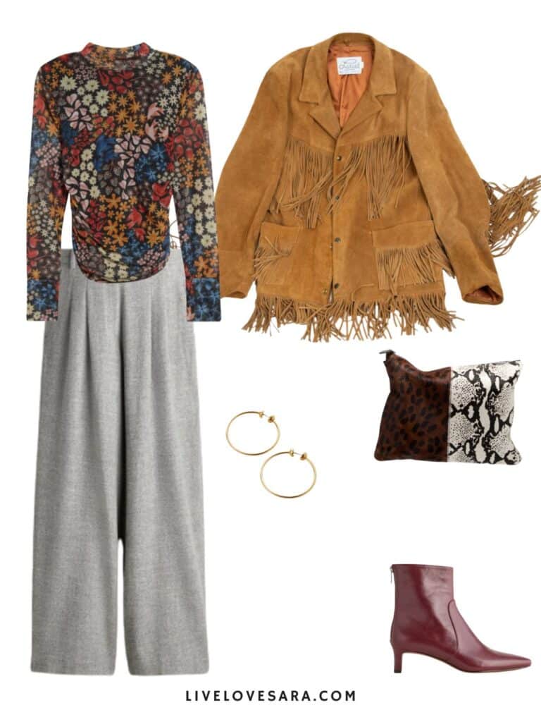 An image of an outfit of a floral mesh shirt paired with grey trousers, a vintage fringe jacket, burgundy boots, an animal print clutch, and hoop earrings.