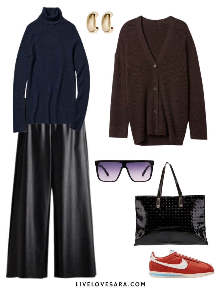 A photo of an outfit of a navy blue turtleneck, faux leather trousers, an oversized brown cardigan, gold ton earrings, sunglasses, and red Nike sneakers.