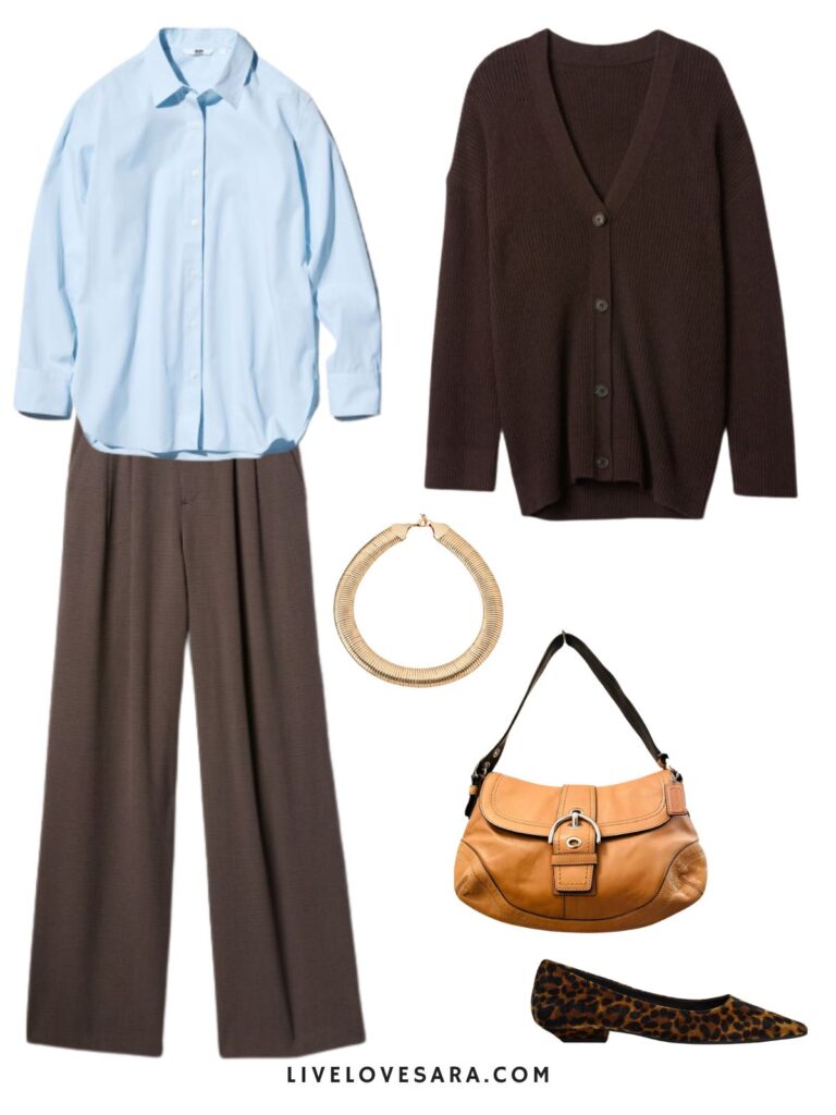A photo of an outfit of a blue button up with an oversized brownd cardigan, brown trousers, animal print flats, a Y2K Coach Soho bag, and a thick gold tone necklace.