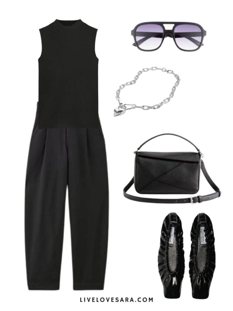 A photo of an outfit of a black knit tank with black trousers, a black bag, silver necklace, sunglasses, and black square toe flats.