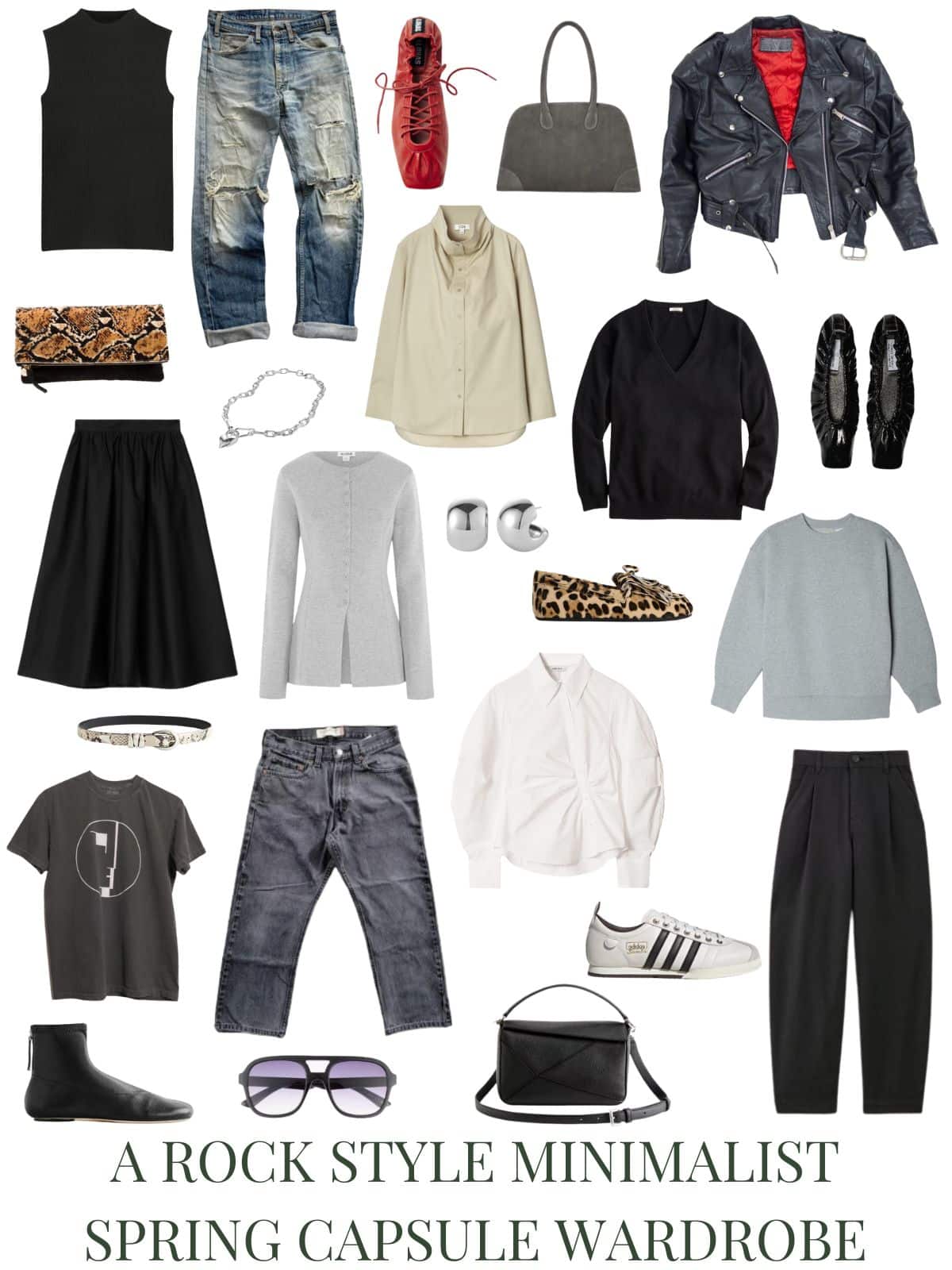 A white background with 12 clothing items plus shoes and accessories for a rock style minimalist spring capsule wardrobe.